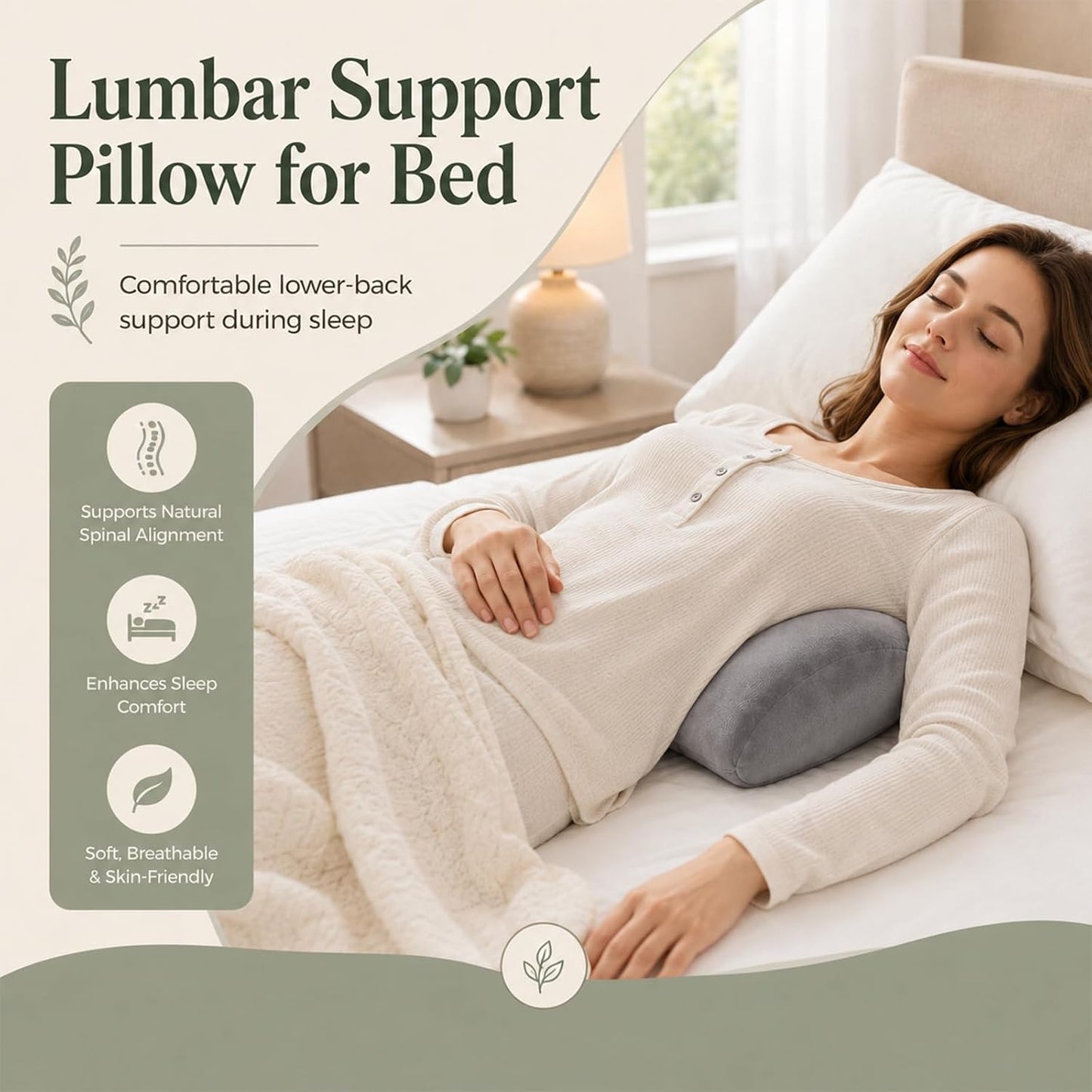 Lumbar Support Pillow for Bed, 19.7x7.9x3.9 in Ergonomic Sleep Cushion | Wraparound lower back support for side sleepers. Use in bed, office chair, or car seat. Multi-positional design for comfort
