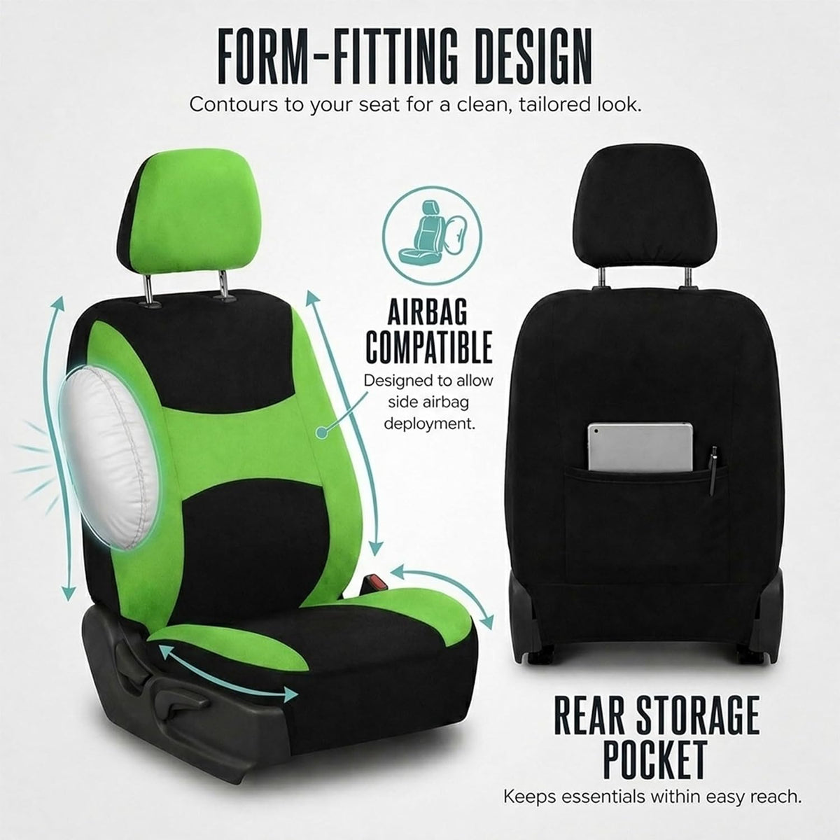 Automotive Seat Covers Green Universal Fit Combo Set with Steering Wheel Cover and Seat Belt Pad fits most Cars, SUVs, and Trucks (Airbag Compatible and Split Bench) FH Group FB030GREEN-COMBO