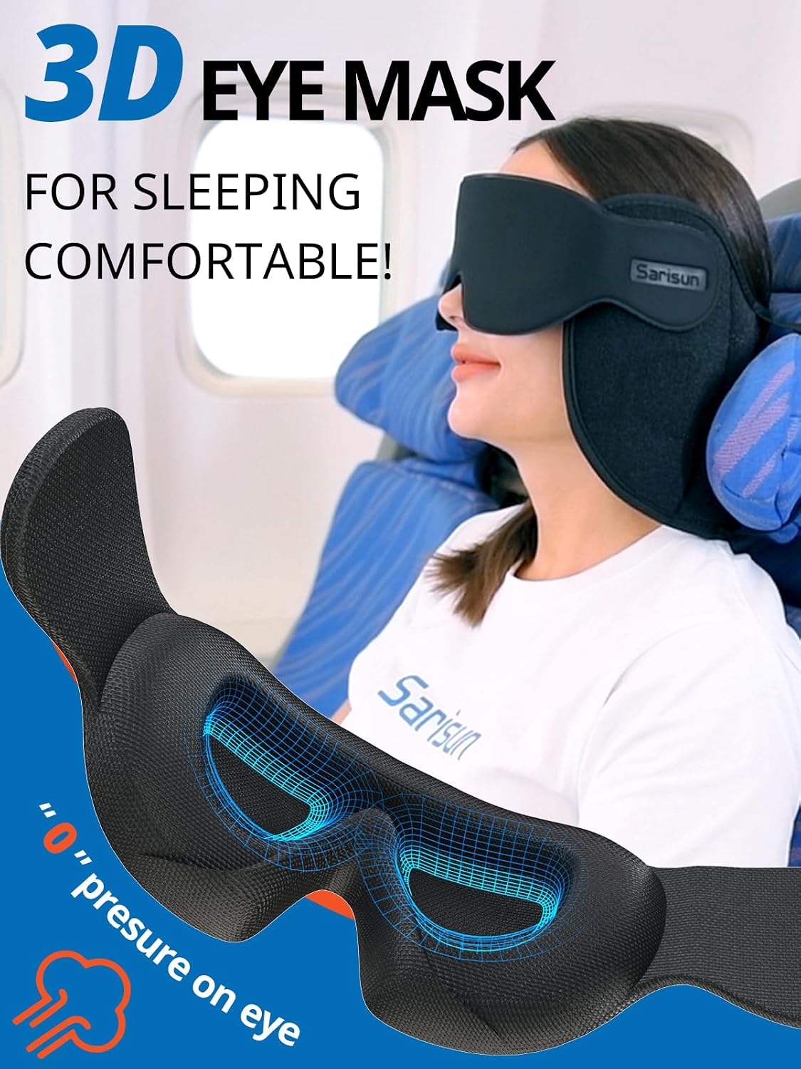 SARISUN Upgraded Travel Pillow, U-Shaped Airplane Head Strap for All Heights, 360° Support, 3D Sleep Mask, 100% Light Blocking, Long Flights Essentials Headrest, Stop Bobblehead, Black