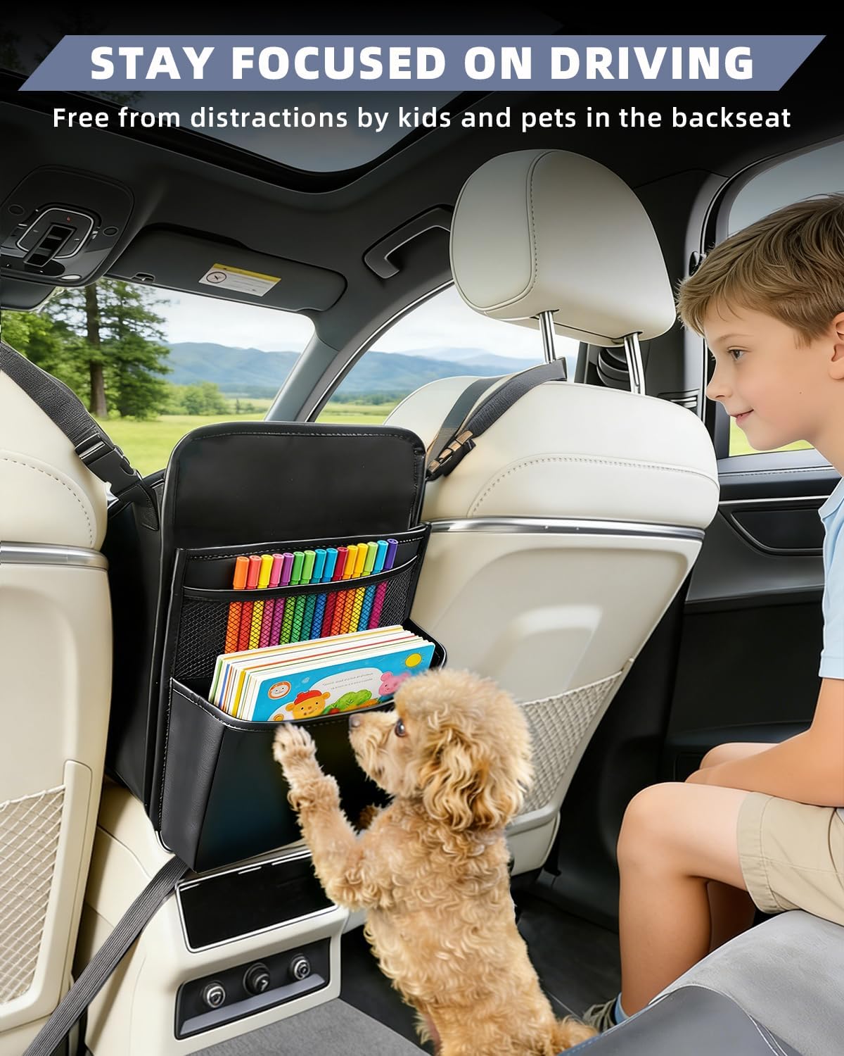 Leather Car Purse Holder Between Seats with Expandable Pocket