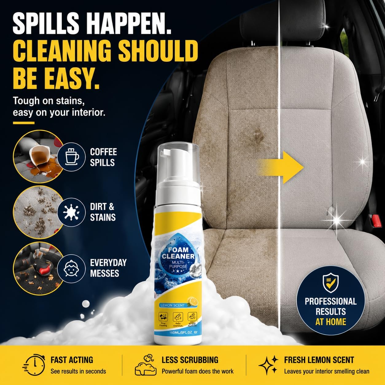 Multi-Purpose Foam Cleaner for Car Interior and Upholstery, 150ml | Leather & Fabric Seat & Dashboard Cleaner, Vinyl & Surface Foam Spray. Deep Cleaning Kit with Plant-Derived Formula
