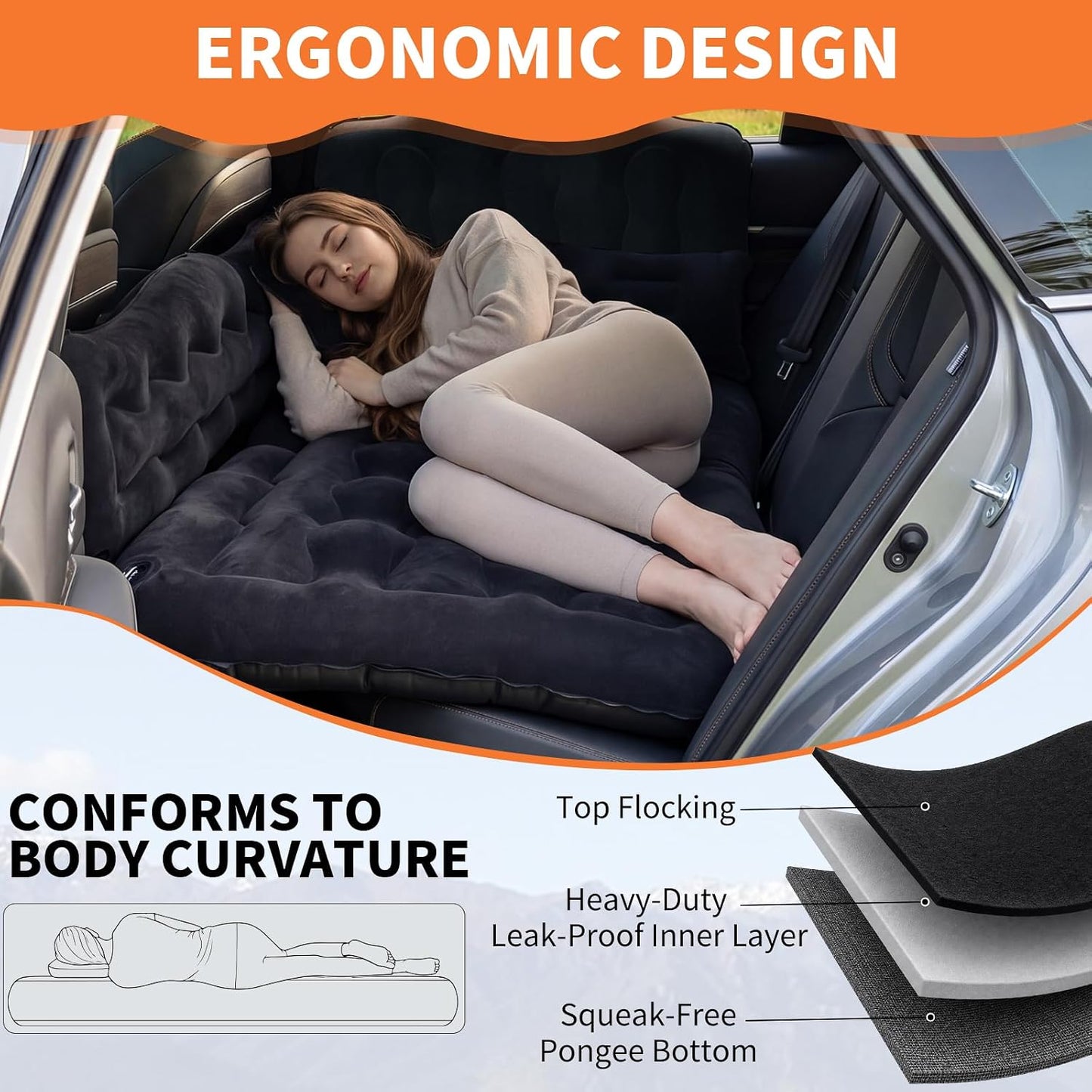 Car Air Mattress Bed - Inflatable Back Seat Air Mattress with Upgraded Wear-Resistant Pongee Bottom, Thick Camping Sleeping Pad with 2 Pillows & Air Pump, Fits Sedan/Truck/SUV, Black