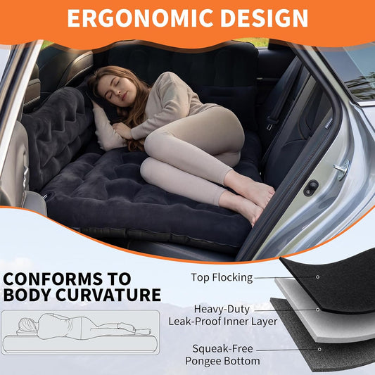 Car Air Mattress Bed - Inflatable Back Seat Air Mattress with Upgraded Wear-Resistant Pongee Bottom, Thick Camping Sleeping Pad with 2 Pillows & Air Pump, Fits Sedan/Truck/SUV, Black