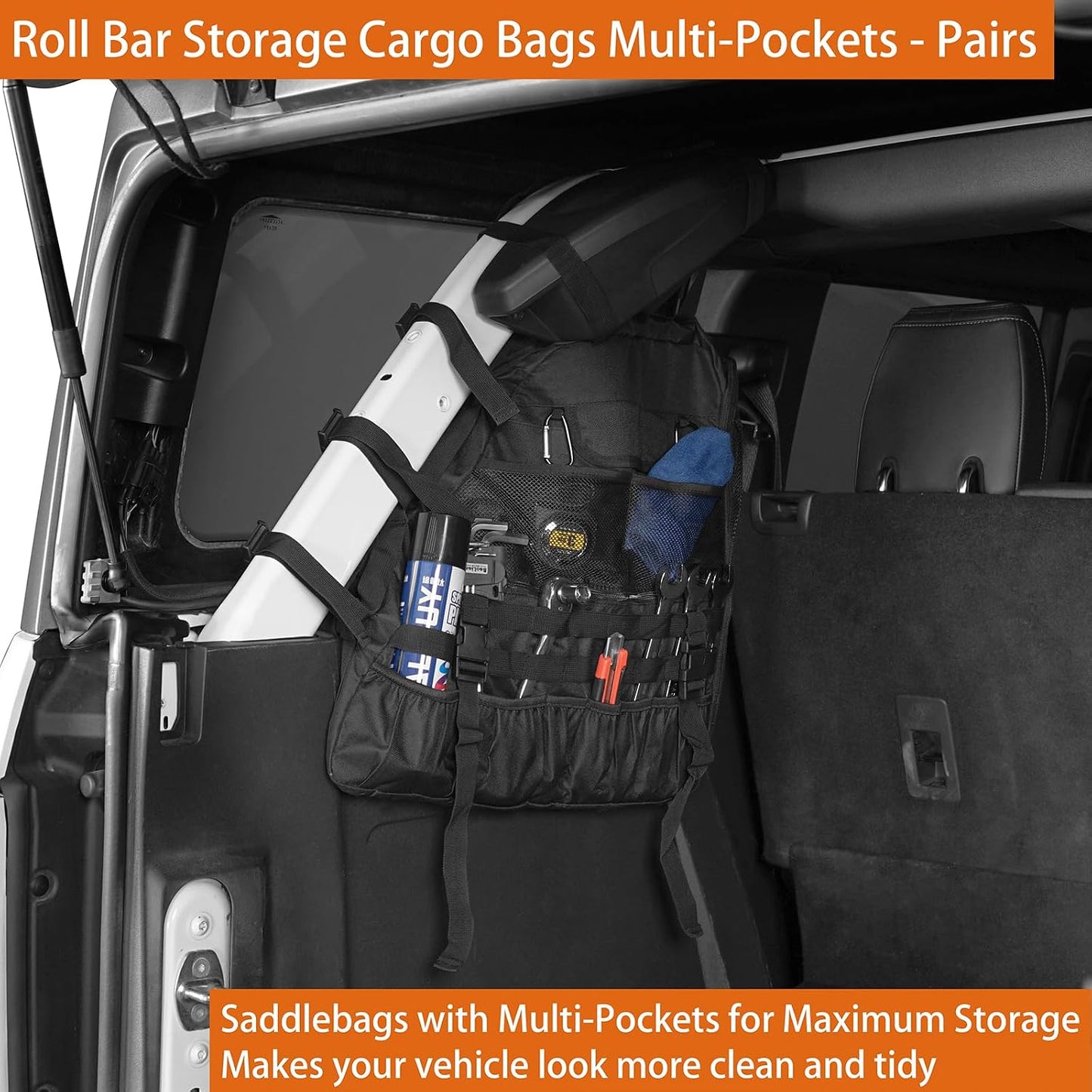 Hooke Road Bronco Roll Bar Storage Cargo Bag Rear Trunk Multi Pockets Cage Organizer for 2021 2022 2023 2024 2025 2026 Ford Bronco 4-Door Interior Accessories (Exclude Bronco Raptor & Sport)