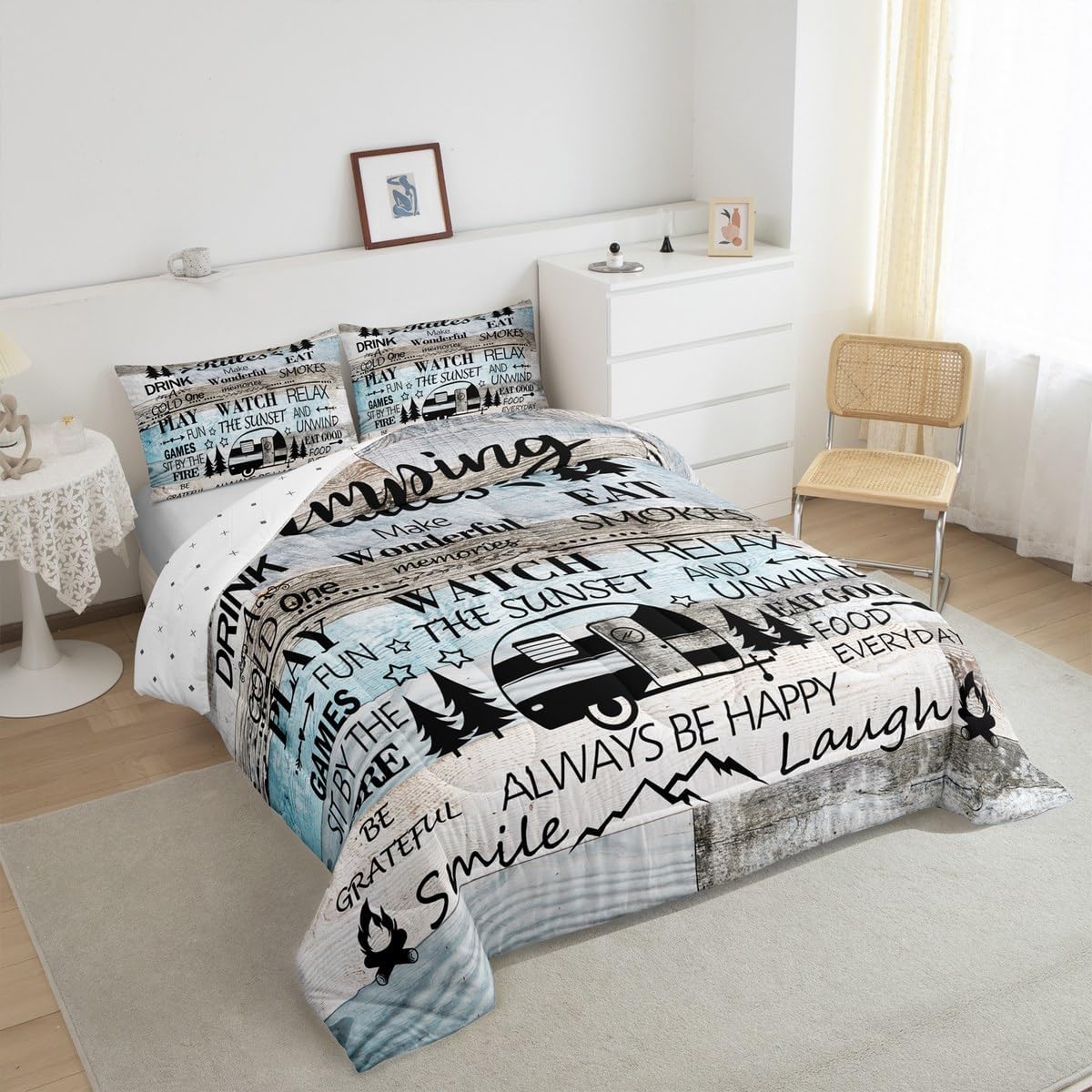 Happy Camping Camper Kids Comforter Set Twin Size,Rustic Farmhouse Adventure Cabin Bedding Set,Girls Boys Room Decor,Wooden Plank Cottage Lake House Quilt Comforter,Vintage Duvet Insert,1 Pillowcase