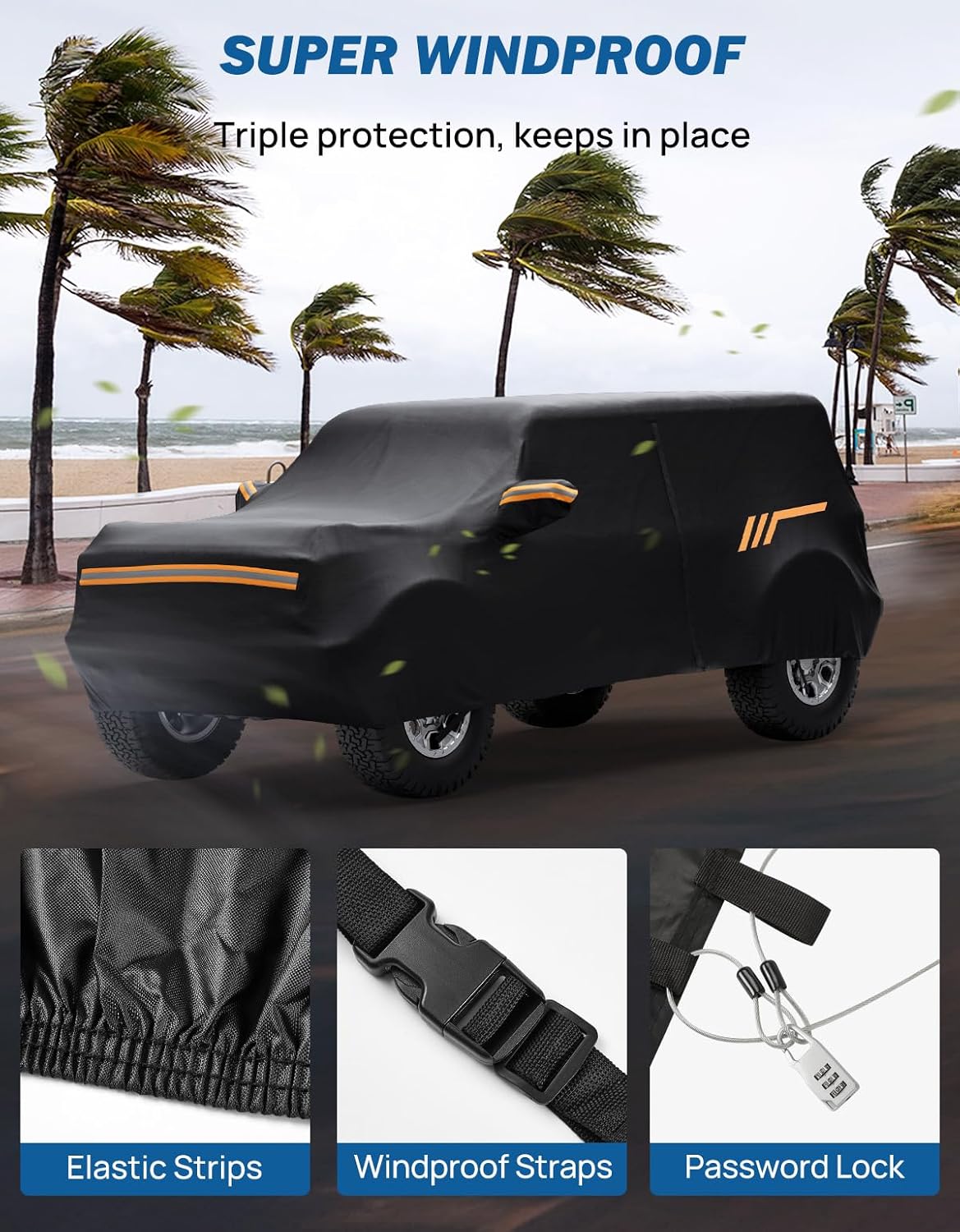 JOYTUTUS Car Cover Compatible with Bronco 4 Door 2021-2026 | Waterproof All-Weather Protection with Zipper Entry & Anti-Theft Lock | Windproof Cover (Not Fit Bronco Sport)