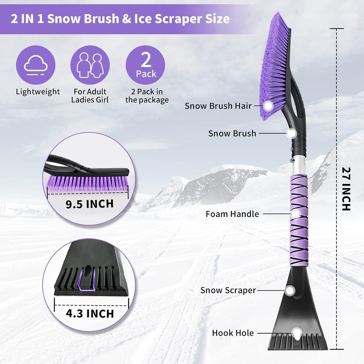 OUSHASAA 2 Pack 27" Snow Brush and Ice Scraper for Car Windshield - Purple | Soft Non-Scratch Bristles, Non-Slip Foam Grip, Detachable Design, Car Snow Removal Tool for Windshields & Windows