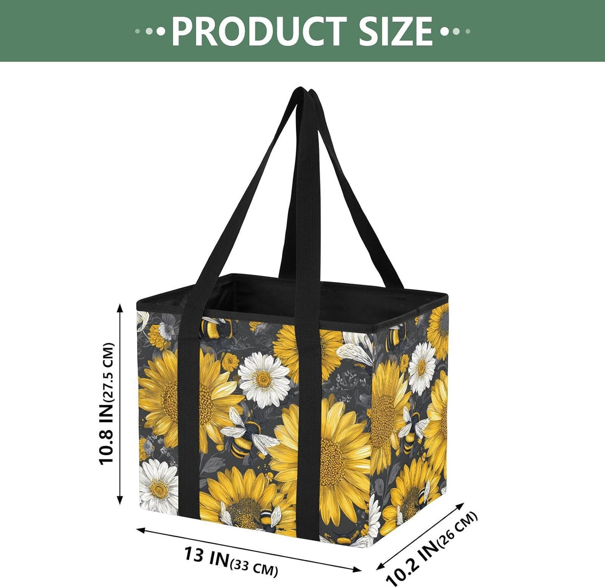 Trunk Organizer Collapsible Car Organizer with Handle Car Storage Box Bin for Groceries SUV Utility Tote Bag Portable Vehicle Container Black Retro Bee and Yellow Sunflower