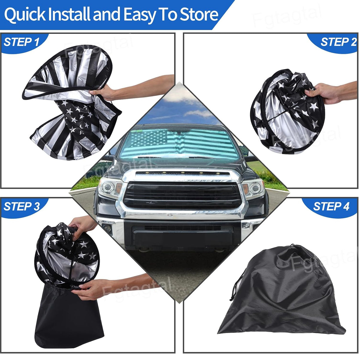 Windshield Sunshade Fit for Toyota Tundra 2007-2021, Folding Car Sun Shade for Front Window, Auto Sun Protection Visors Blocks UV Rays and Keeps Vehicle Cool, American Flag Pattern