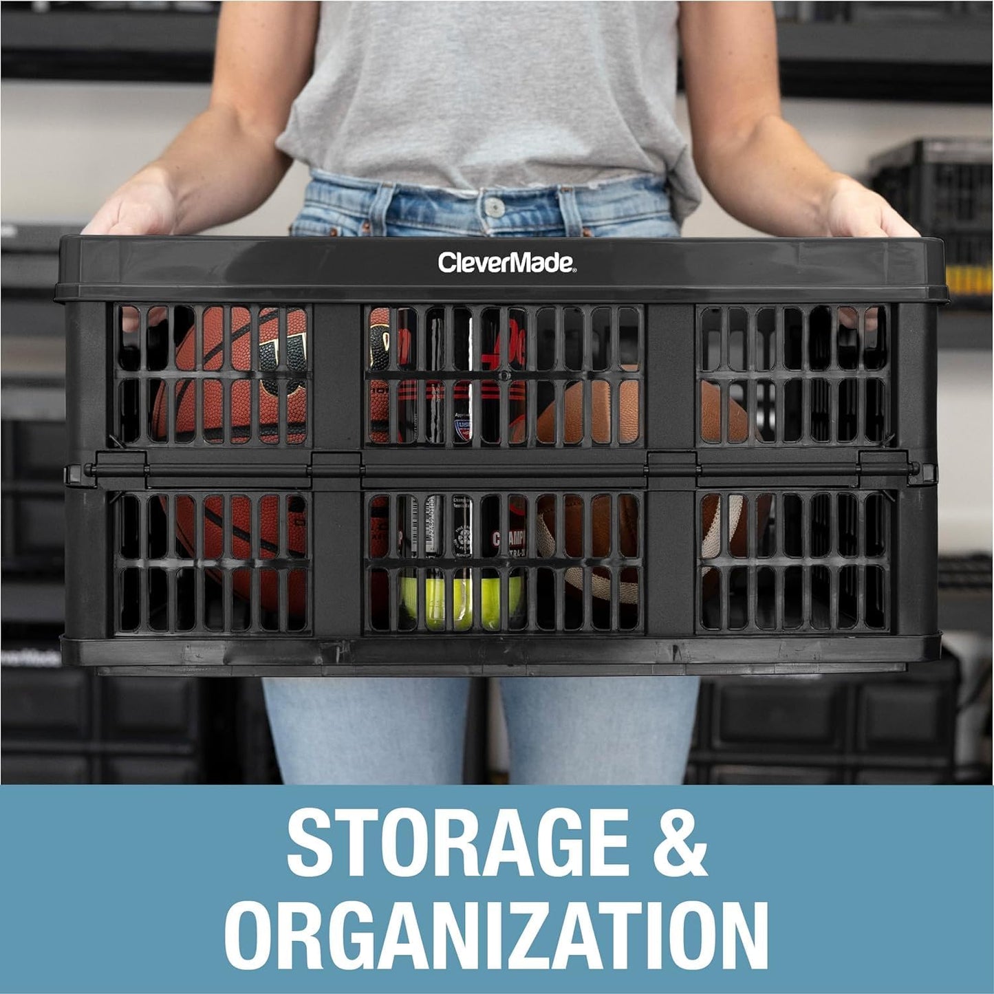 CleverMade Collapsible Milk Crate and Storage Bin - 25L Plastic Stackable Storage Bin with 45L Plastic Stackable Grated Wall Utility Container, 1 of Each – Red