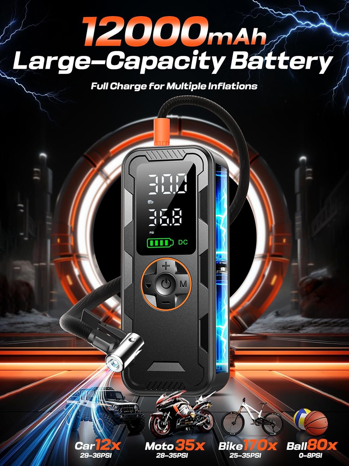 Tire Inflator Portable Air Compressor, 150PSI Electric Air Pump with Digital Pressure Gauge, Fast Inflation, Auto Shut-Off, 12V LED Light, Compact&Cordless Quick Inflation for Car, Motor, Bikes, Balls