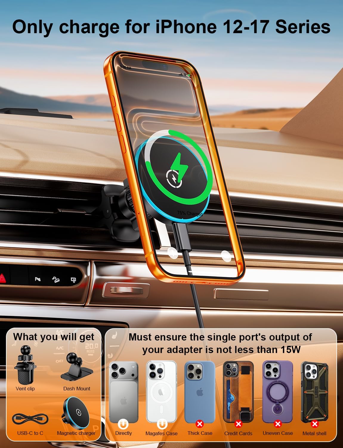 Magsafe Car Mount Charger, Strong Magnetic 15W Wireless Car Phone Charger
