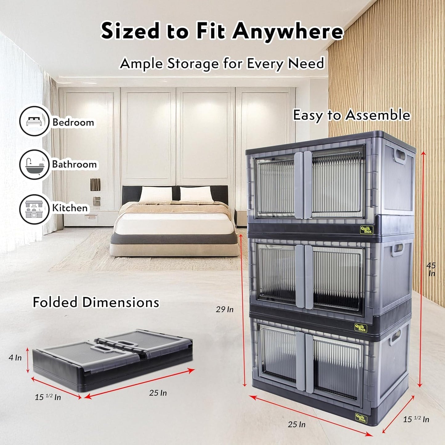 FELICON 19 Gallon 3 Pack Folding Stackable Storage Bins with Lids-Black | Doors,Wheels,Collapsible Organizer Foldable Container,Wardrobe Closet for Bedroom Living Room Neat,Dorm,Organized Homes