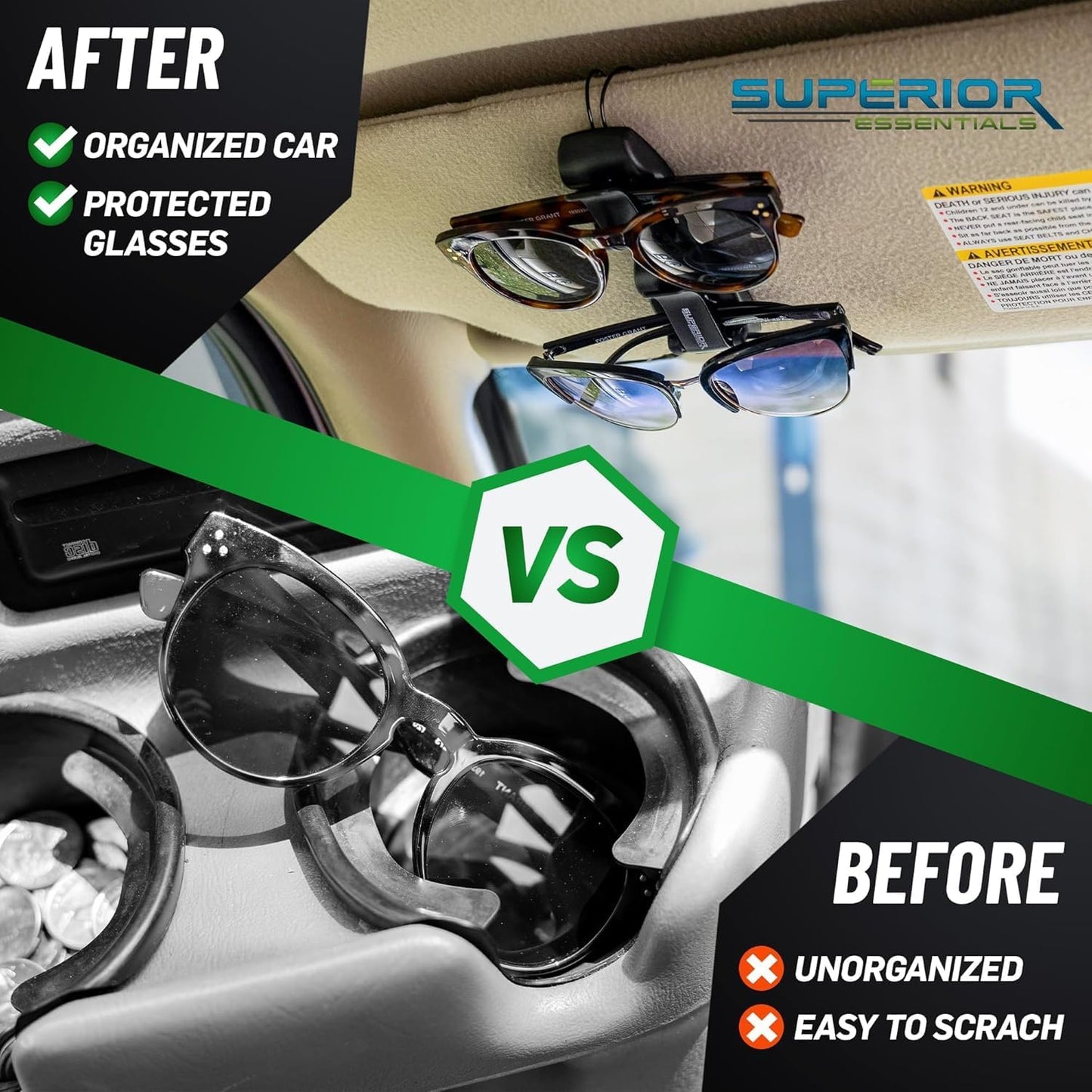 SUPERIOR ESSENTIALS Sunglass Holder for Car Visor Clip - Sun-Glasses Holder and Ticket Card Clips - Car Visor Accessories - Luxury Eyeglass Car Mount (Pack 2)