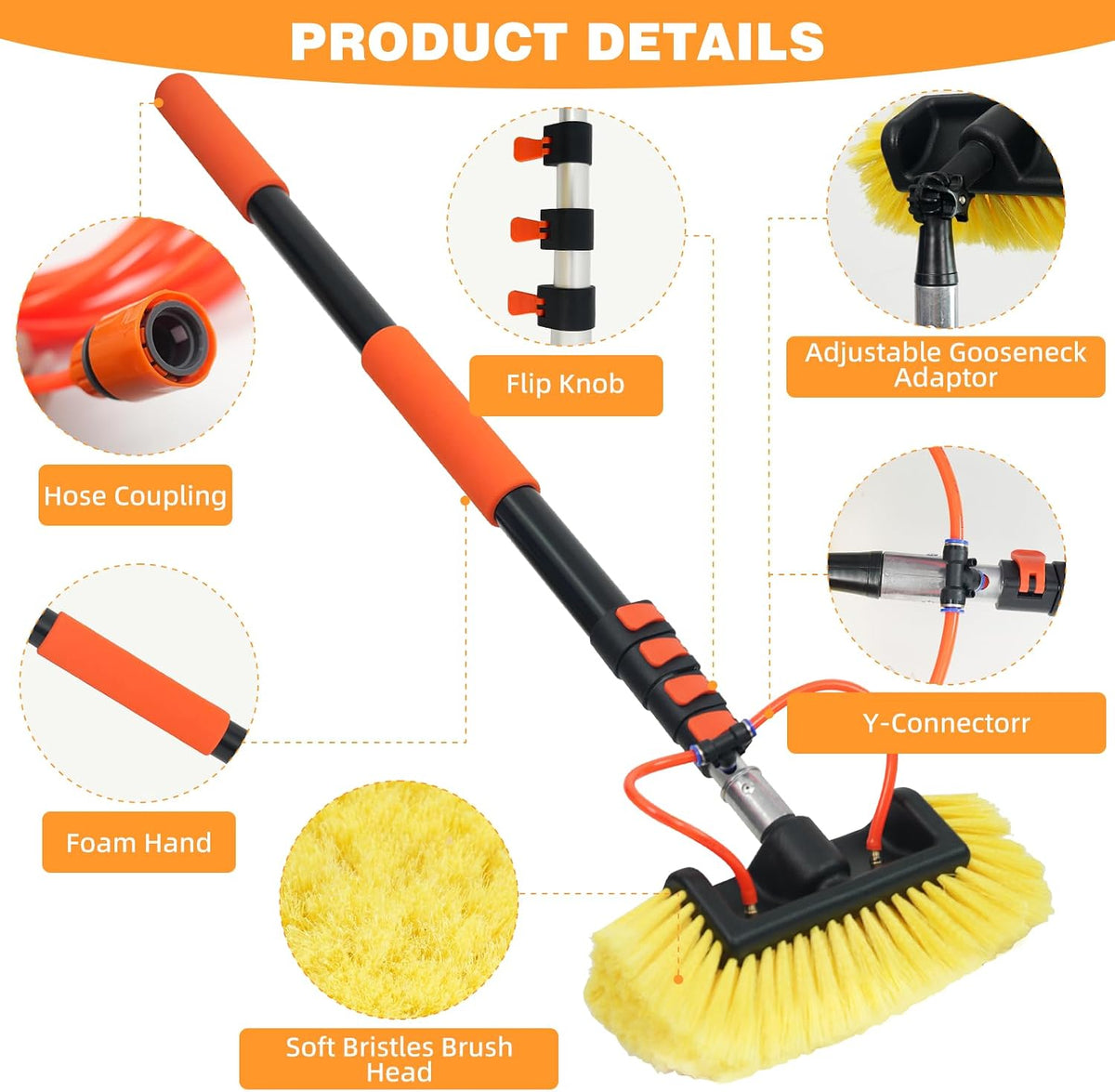 12FT Car Wash Brush with Long Handle Hose Attachment Telescopic Pole with Angle Adapter 12" Soft and Hard Bristle Cleaning Brush for Car Truck RV House Floor Window Roof Pool Solar Panels