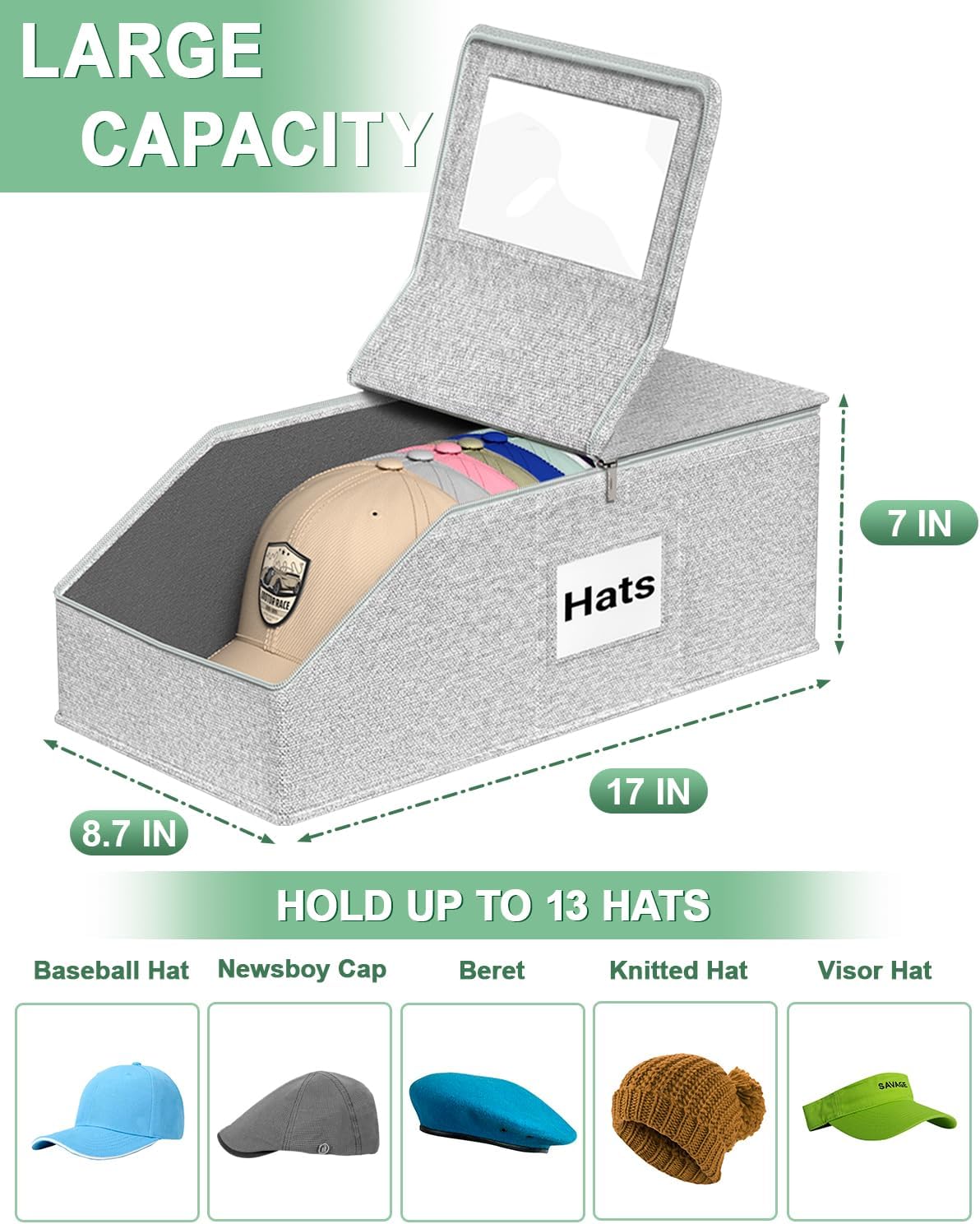 Hat Organzier for Baseball Caps - 2 PCS Stackable Hat Storage Holder Holds up to 26 Caps for Closet, Dust-Proof Hat Boxes Container with Clear Window for Home