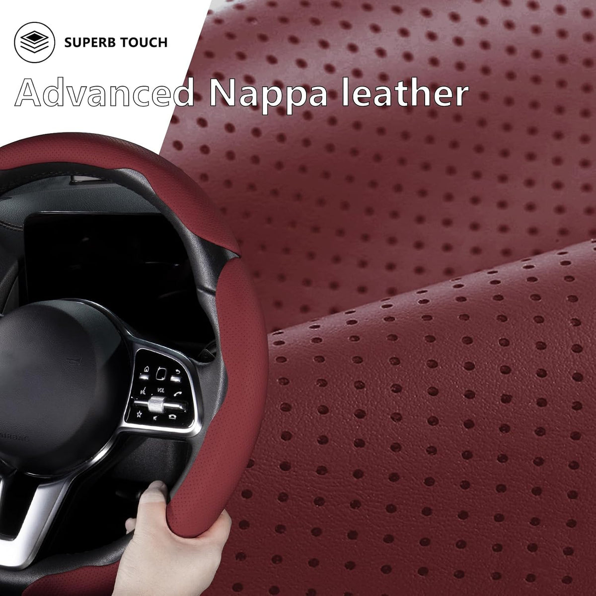 Car Steering Wheel Cover Leather 14.5-15 in Universal 3Pcs Set Wine Red