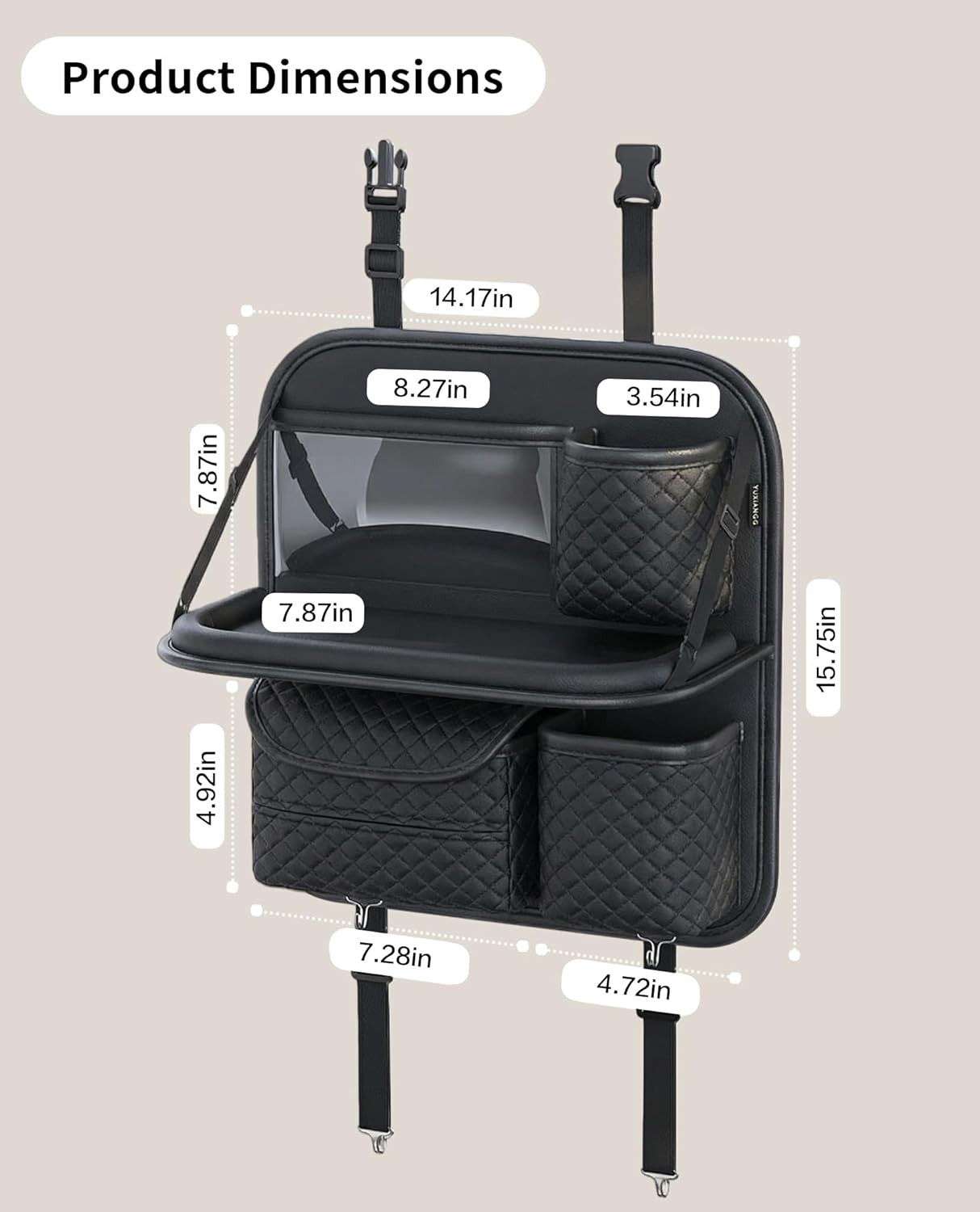 PU Leather Backseat Car Organizer with Foldable Tray & Tablet Holder, Luxury Diamond Stitching Design, Universal Car Seat Storage Organizer for Kids & Family Travel Accessories, Black