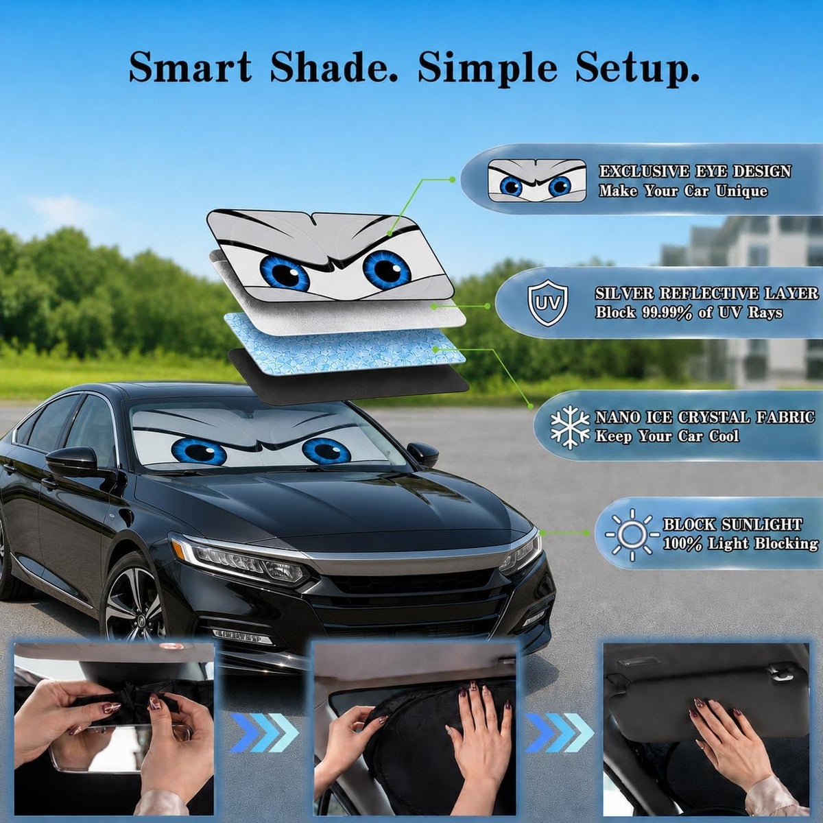 Car Windshield Sun Shade, Universal Fit Midsized Sedan SUV, Cool Gray