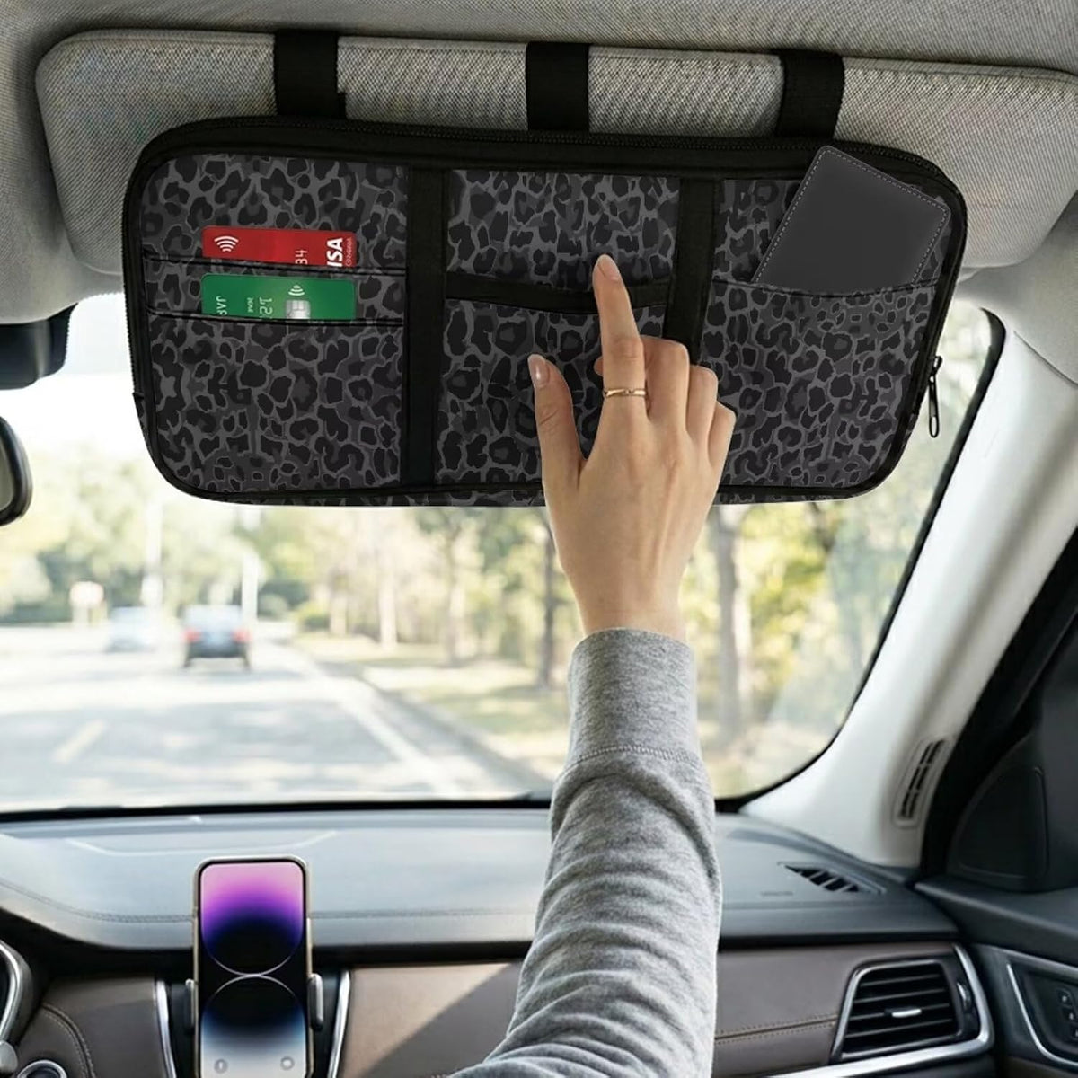 Jeiento Black Leopard Car Visor Organizers Accessories Black Cheetah Animal Skin Print Auto Sun Visor Multi-Pocket Storage Pouch Glasses Holder,Document, Card, Driver License Organizer Universal Fit