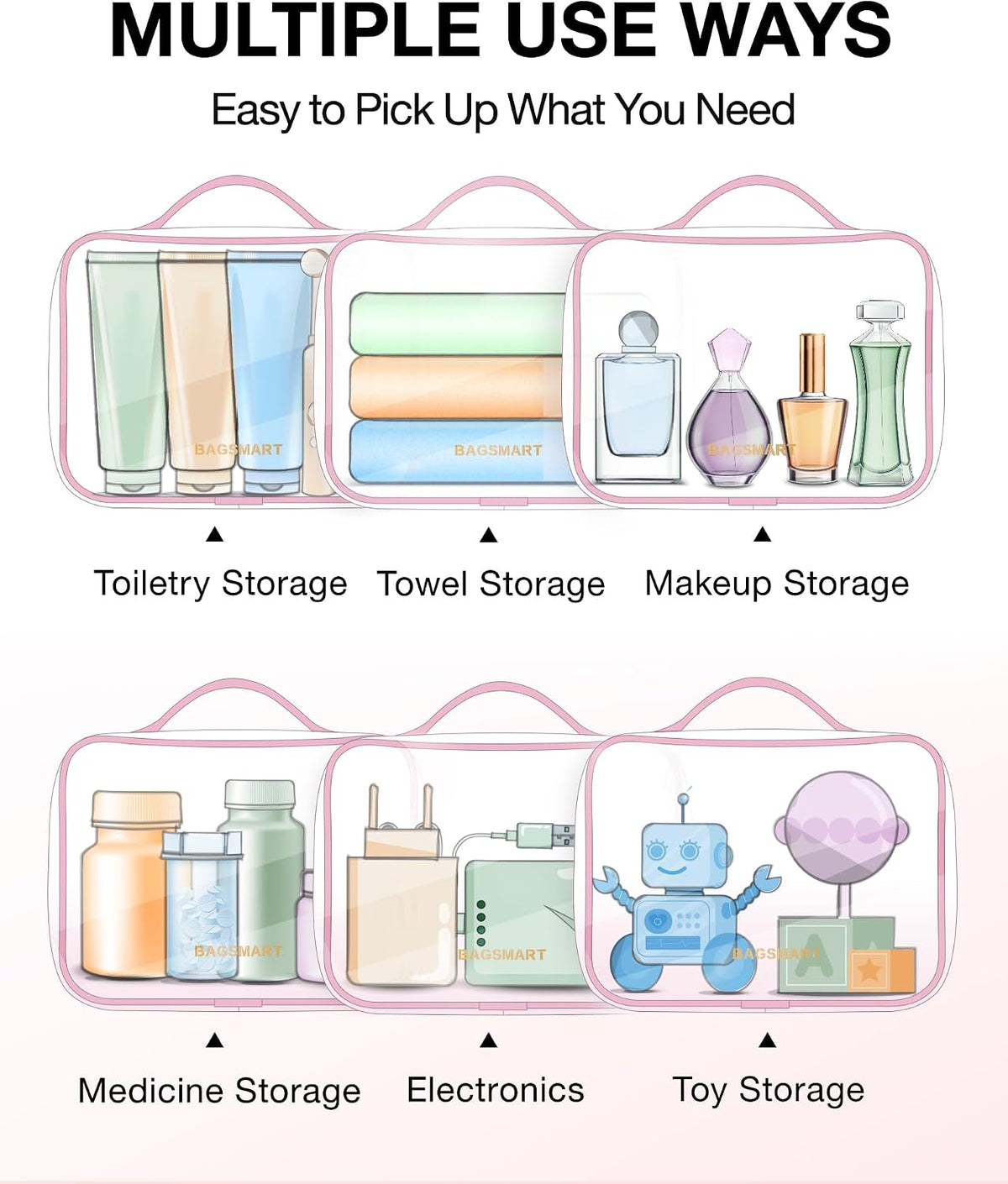 BAGSMART Clear Toiletry Bag with Handle 3-Pack TSA Approved, Pink