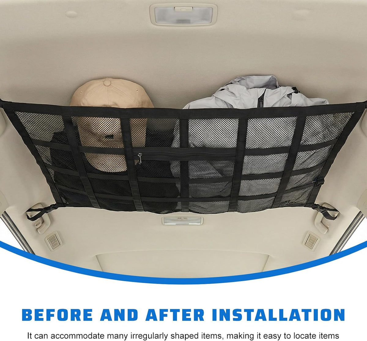 Car Ceiling Cargo Net, 30.5"x20.9" Double Layer Mesh Auto Roof Organizer with Pockets, Universal Vehicle Overhead Mesh Storage Organizer for Camping Road Trip Essentials
