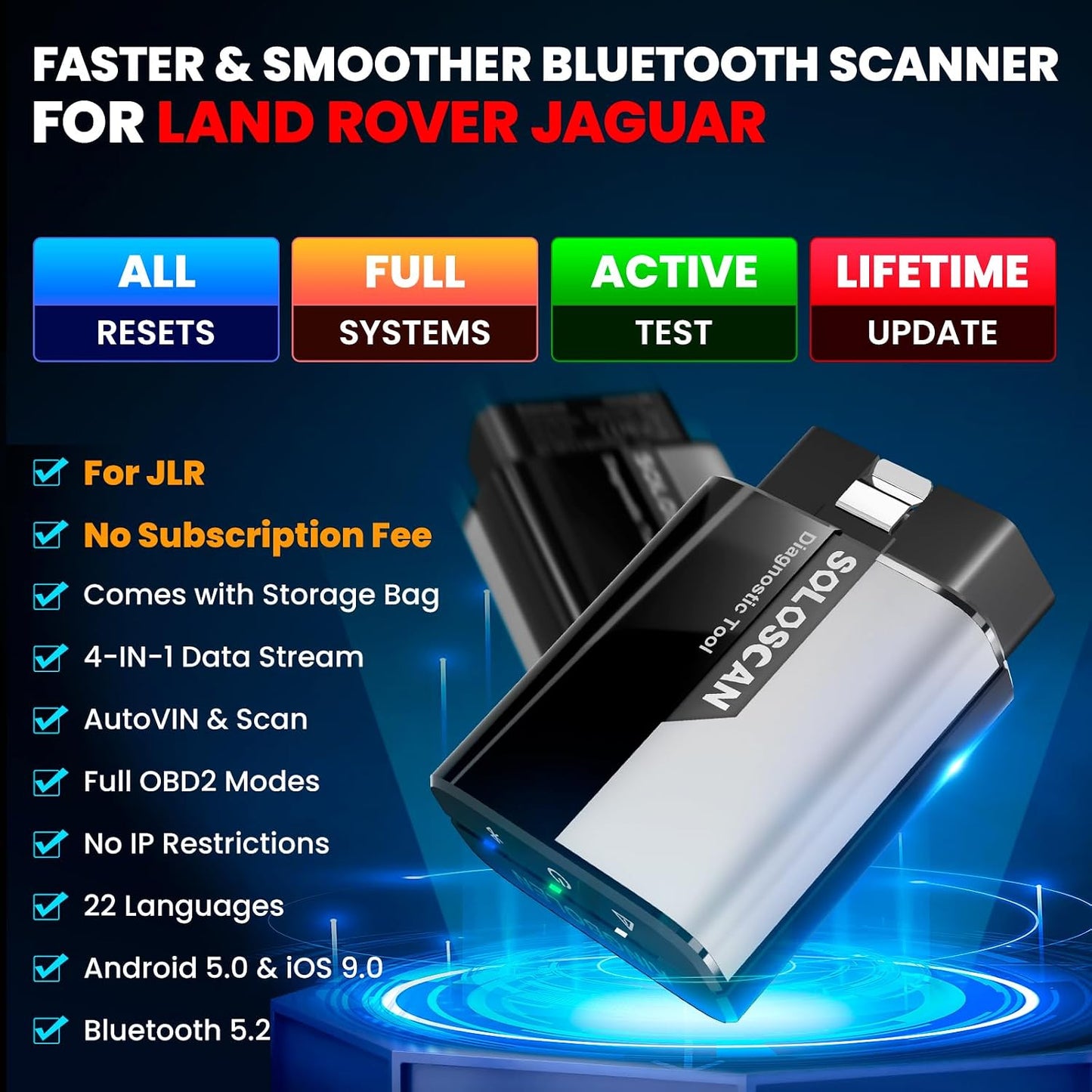 KINGBOLEN Soloscan for Land Rover Jaguar OBD2 Scanner Bluetooth, All Reset Service, Bidirectional Scan Tool for iOS & Android, Full System Car Diagnostic Scanner, No Subscriptions Lifetime Update