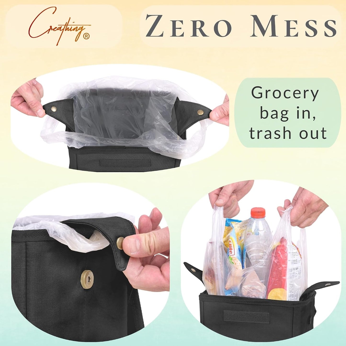 Creathing Car Trash Can [Touring Edition] - Removable Liner - 100% Leakproof, Odor Control Lid, Hanging Garbage Bin for SUV, Truck, Car (2 Gal, Black)