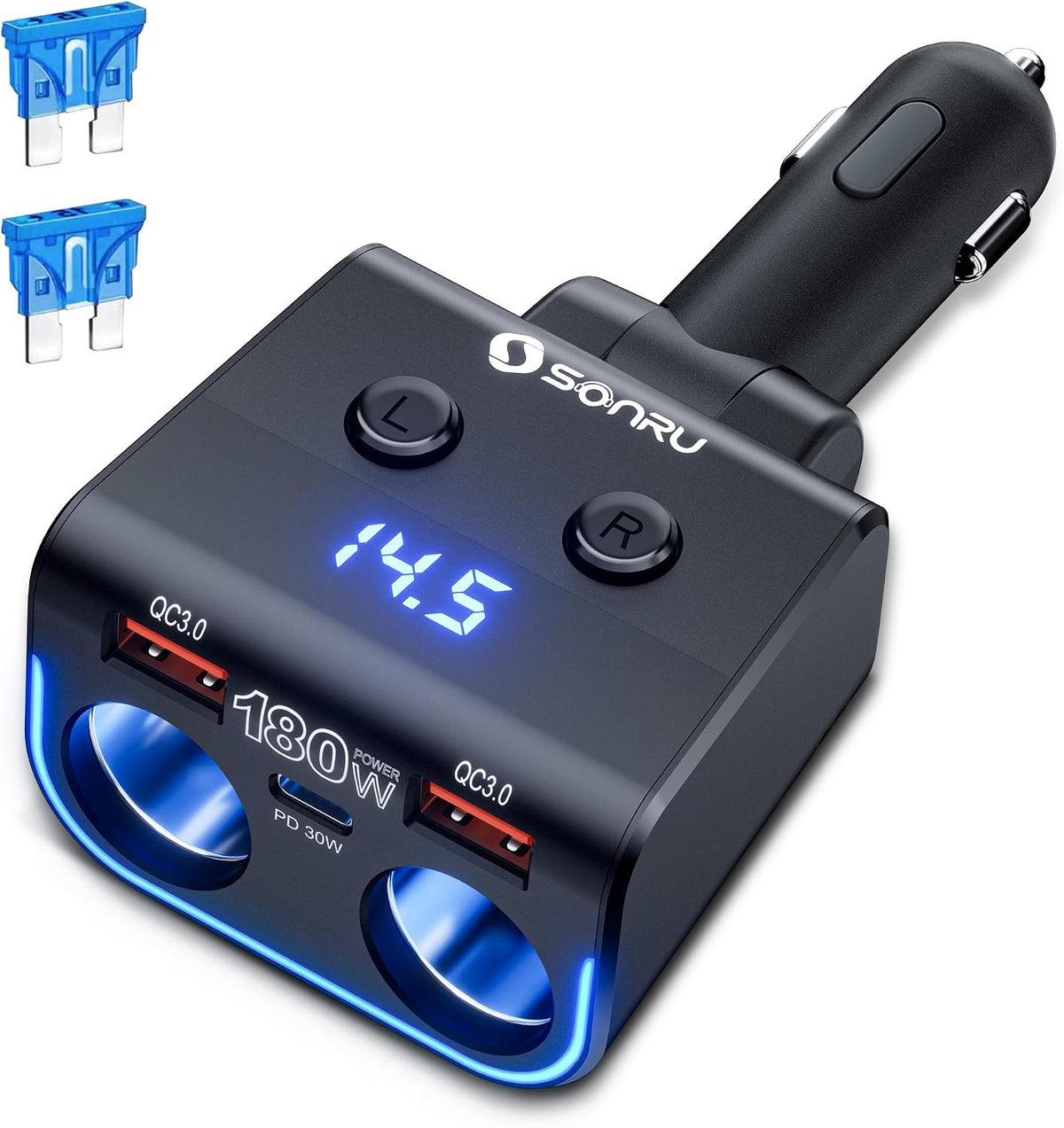 SONRU 180W Cigarette Lighter Splitter,30W PD Dual QC3.0 Car Charger Adapter