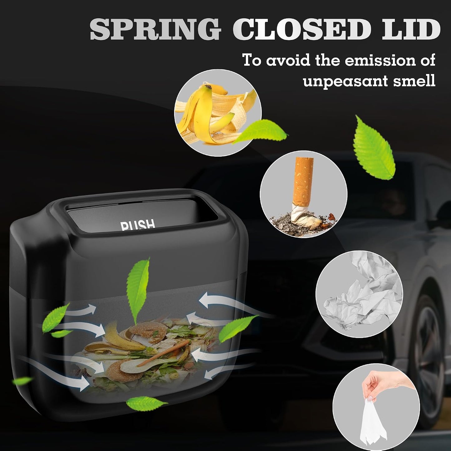 2 Packs Car Trash Can with Lid，Built-in Storage Garbage Bag，Leakproof Vehicle Trash，Car Accessories for Interior,Mini Garbage Bin for Automotive, Office, Kitchen,Bedroom，with 60pcs Trash Bags