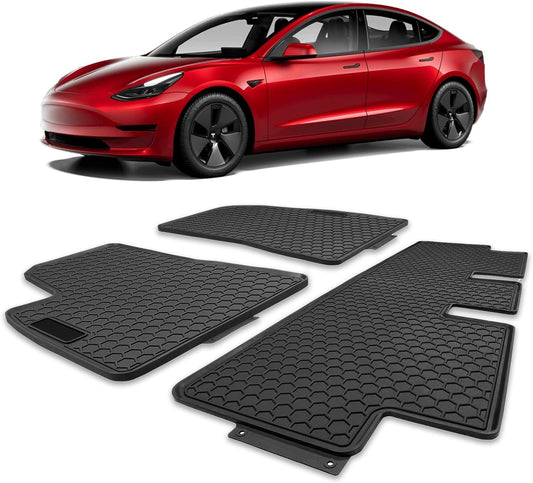 Spurtar for Tesla Model 3 Floor Mats 2017-2026, Automotive Rubber Floor Mat | Car Floor Mats with 3D Extended Edge, Honeycomb Design, Front & Rear All-Weather Protector, 3 Pack Black, Anti-Slip Backing