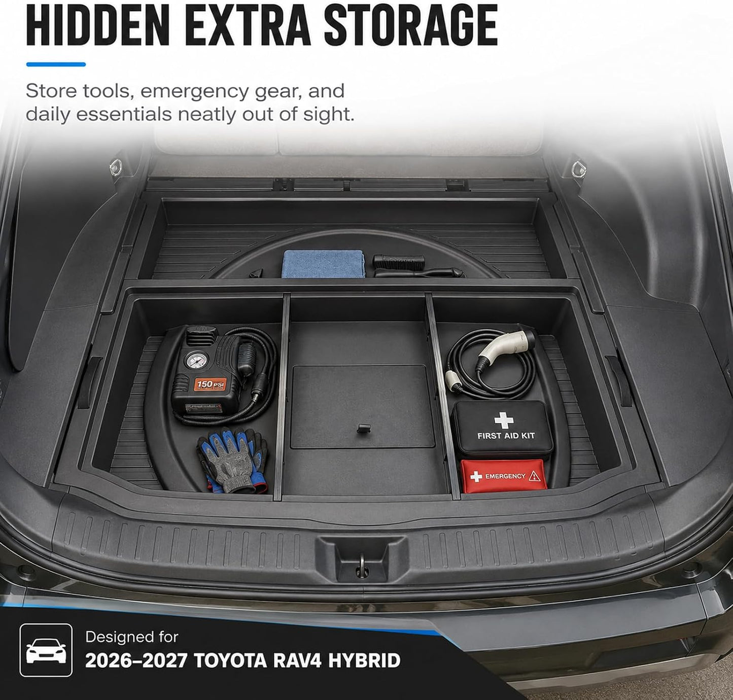 Hidden Trunk Storage Box for 2026 2027 Toyota RAV4 Hybrid, Under Floor Cargo Organizer Tray, Rear Trunk Insert Storage Bin, Multi-Compartment SUV Cargo Accessories, Black
