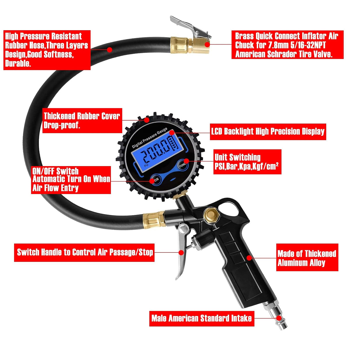 200 PSI Digital Tire Pressure Gauge with Inflator,Air Chuck Quick Connect Coupler,Standard Schrader 7.8mm 5/16-32NPT Valve,Car Accessories for SUV, Truck, RV (15, Gold)