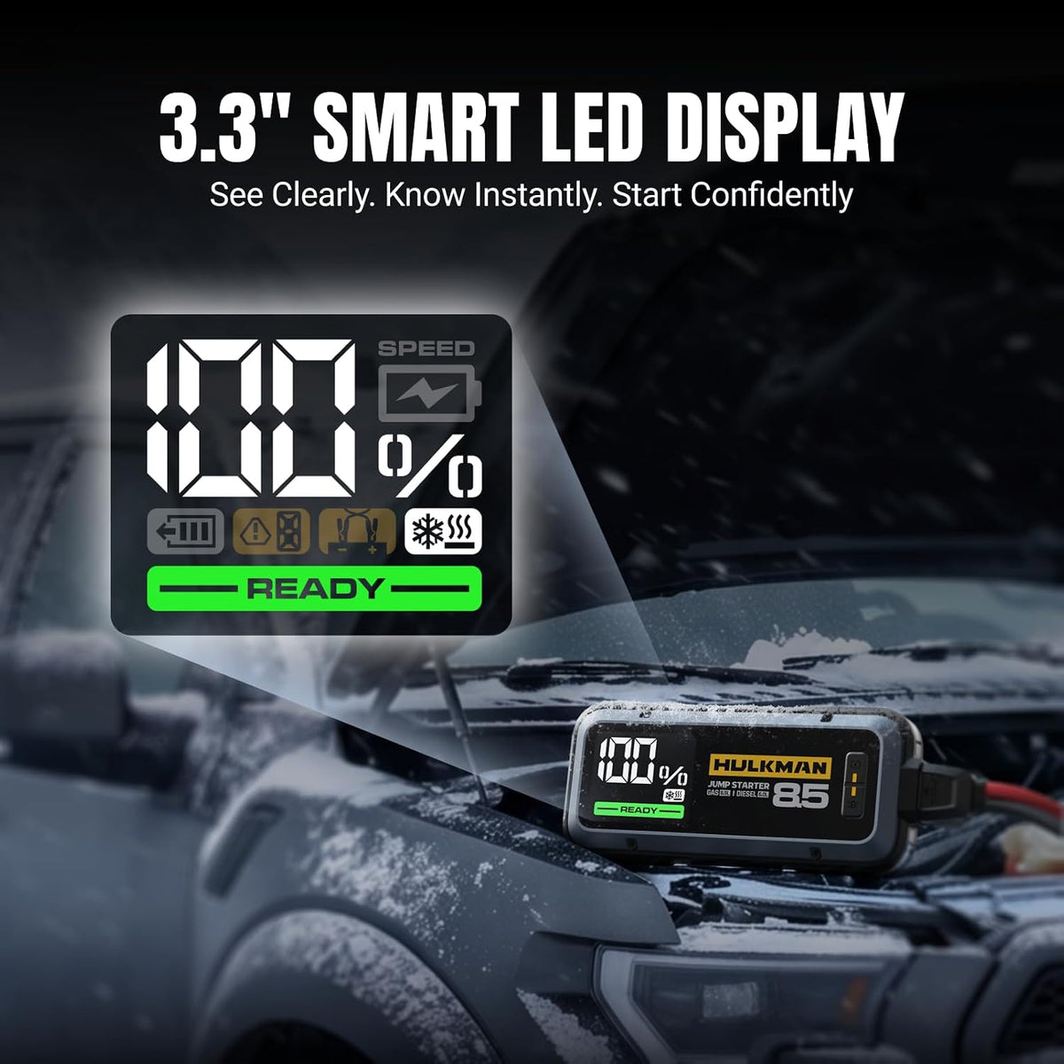 Hulkman Alpha85S,Space Gray, 2000A 74Wh Smart Jump Starter with -40℉ Start Tech, 12V Portable Car Battery Booster, 3.3" LED Display, USB-C Power Pack, Jumper Cables for up to 8.5L Gas/6.0L Diesel