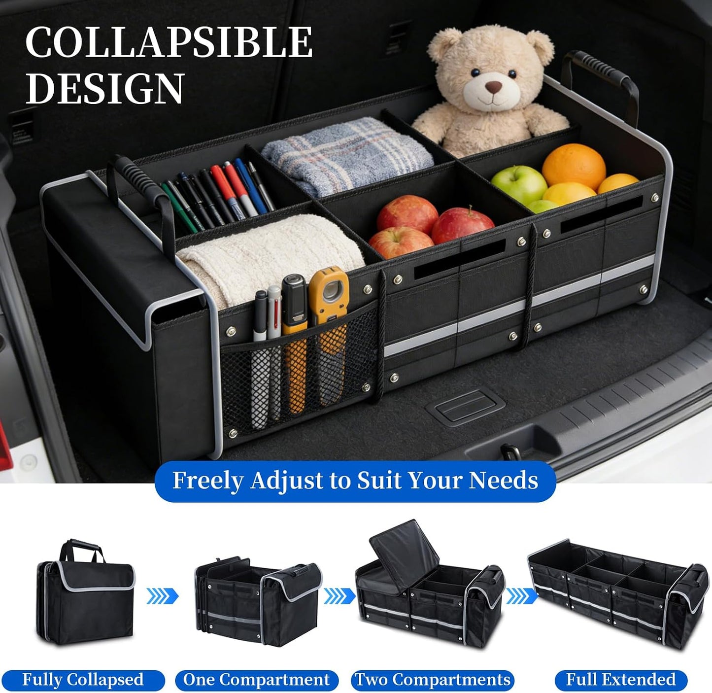 Collapsible Trunk Organizer for Car with Insulated Leakproof Cooler Bag, 3 Compartments SUV Cargo Organizer w/Removable Dividers, 5-in-1 Storage w/Foldable Lid & 2 Tie-Down Straps (Black)
