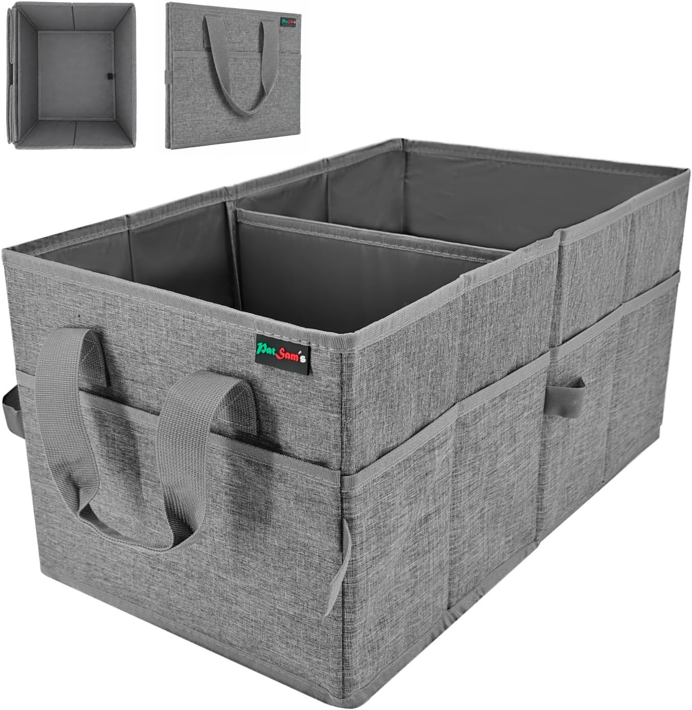 PAT SAM'S Car Trunk Organizer for SUV, Foldable Collapsible Storage Organizer with Dividers, Non-Slip Waterproof 600D Oxford, Backseat & Trunk Storage for Groceries, Tools, Toys (Gray)