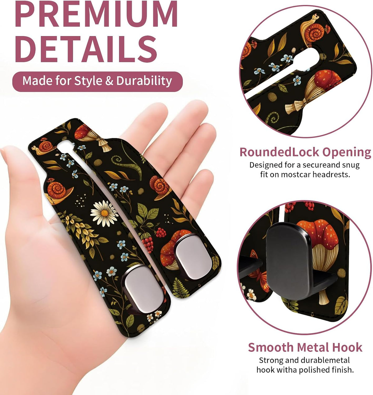 Car Seat Back Storage Hook, Funny Car Purse Hook, Cute Vehicle Storage Organizer for Purses Handbags Dark Floral Mushroom