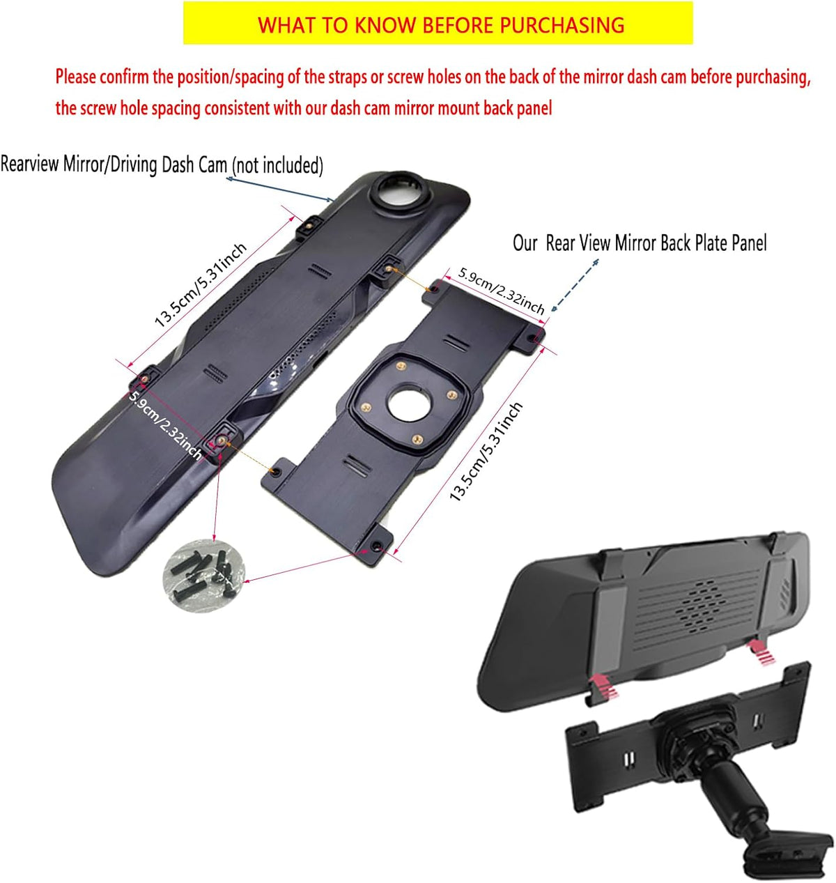 CALLARON 1 Set Dash Cam Mirror Mount Rear View Mirror Back Plate Panel Car Rear View Camera Mount Kit for 5.5" - 12" Rearview Mirror Dash Cams