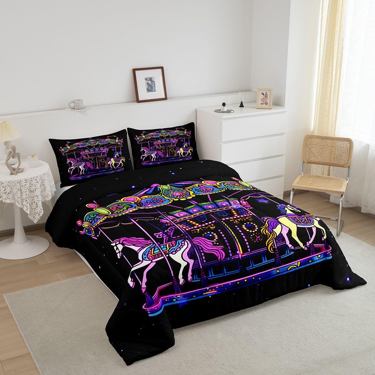 Amusement Park Circus Theme Bedding Set Full Size,Kids Carousel Comforter Set Girls Boys Teens Room Decor Cartoon Animals Horse Print Quilt Set Romantic Dreamy Black Purple Duvet Insert,2 Pillowcases