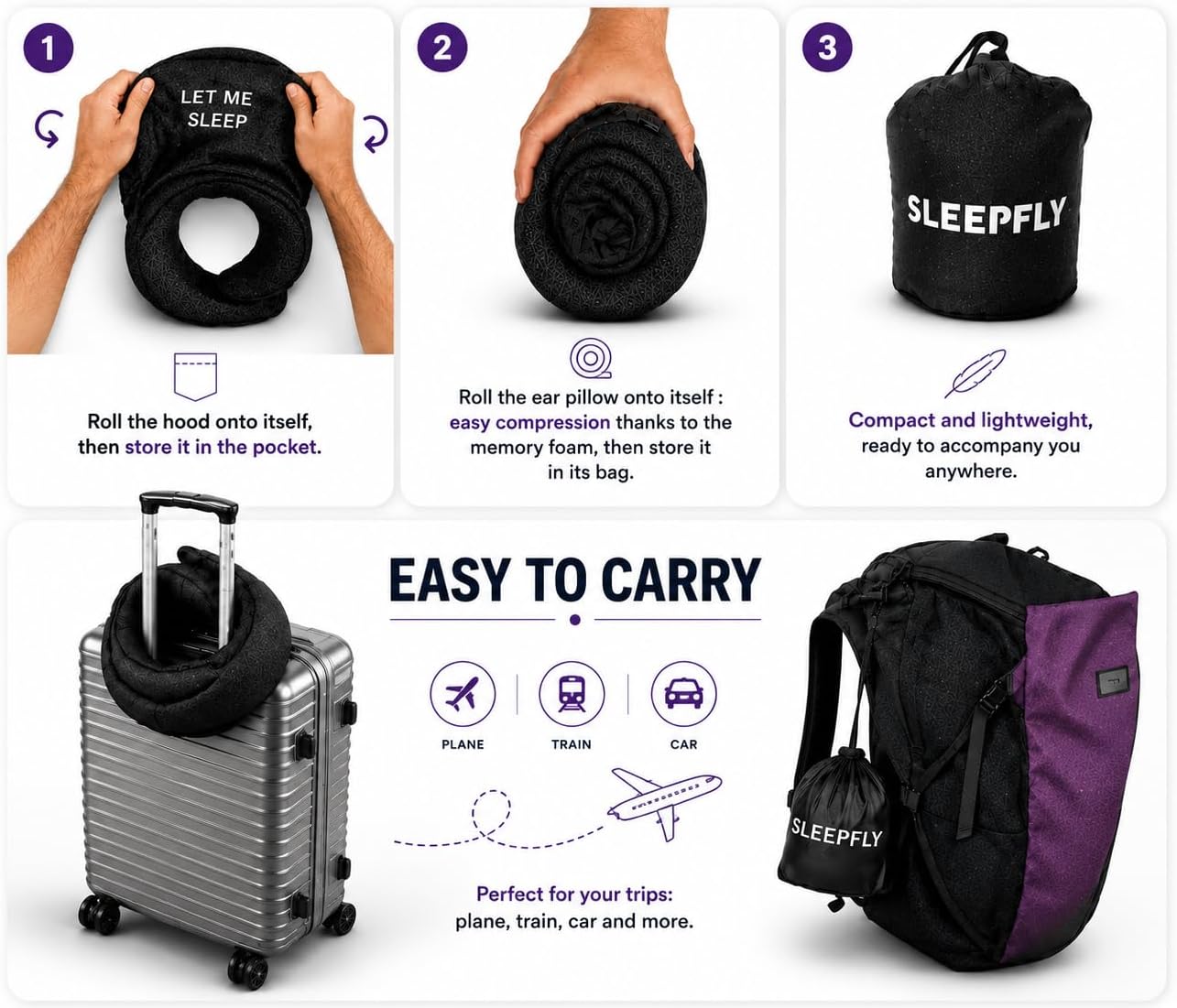 Sleepfly Travel Neck Pillow with Hood – 3-in-1 Travel Essentials Kit : Neck Pillow, Blackout Mask & Silicone Earplugs – Ergonomic Memory Foam Neck Support for Airplane, Car and Train