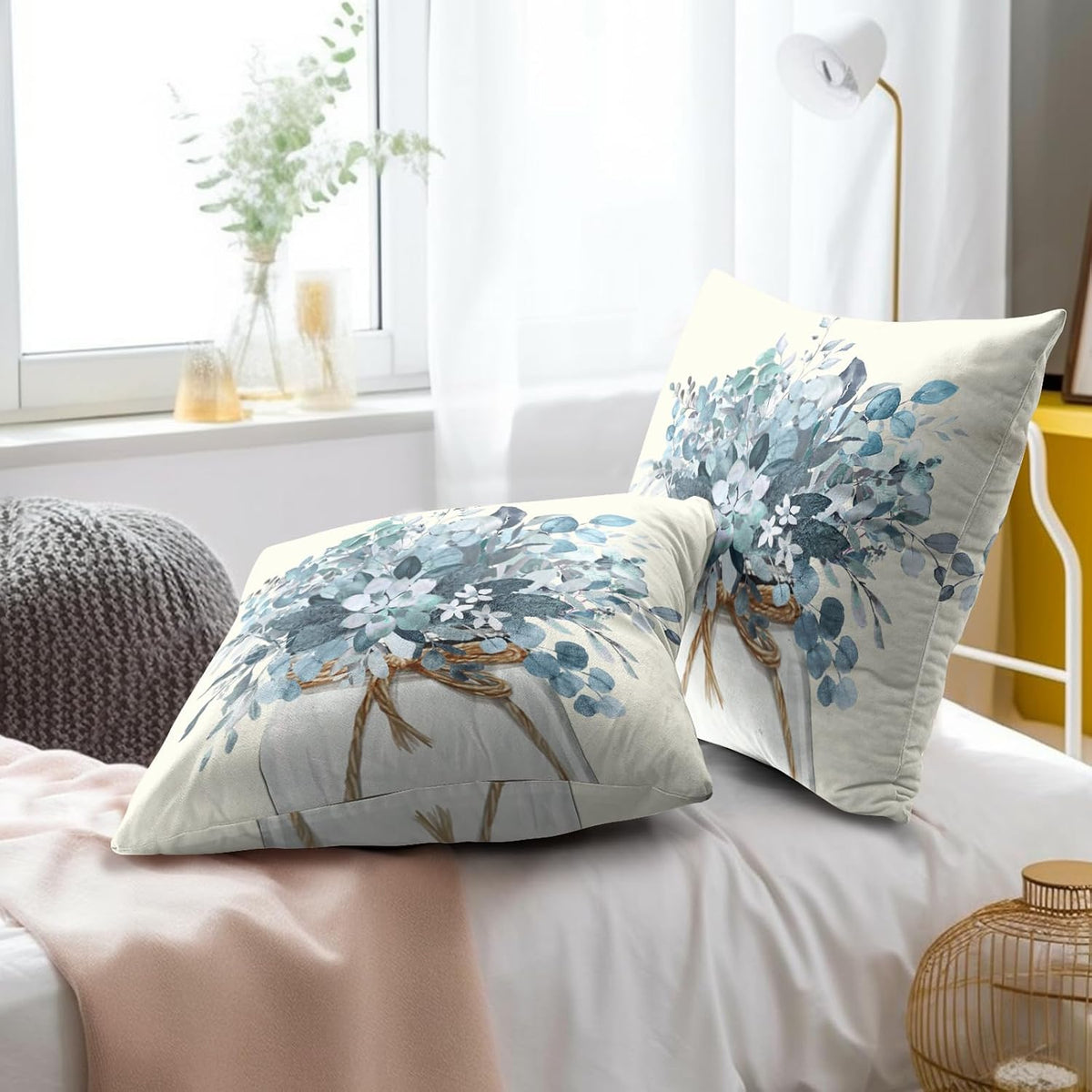 Eucalyptus Throw Pillow Covers 18x18 Set of 2, Rustic Winter Blue Leaves Greenery Vase Farmhouse Decorative Pillow Cases Cotton Cushion Cover for Home Sofa Couch Decor