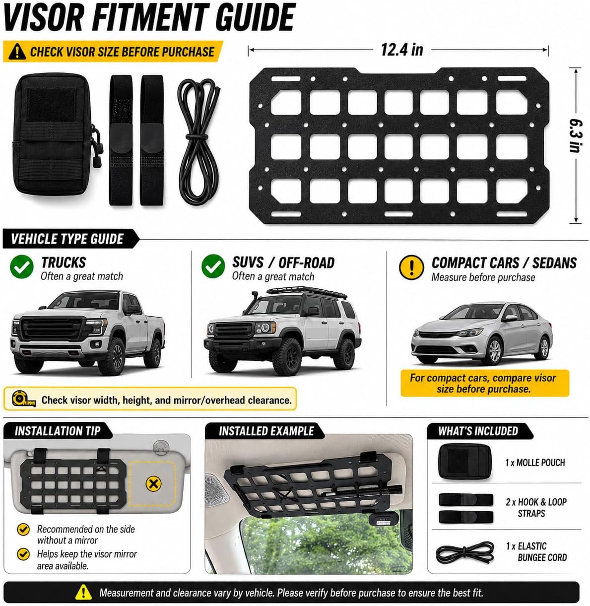 Visor MOLLE Organizer Panel for Car Sun Visor – Rigid ABS Storage Panel with Adjustable Straps – Vehicle Gear Organizer for Truck SUV (1 Pack)