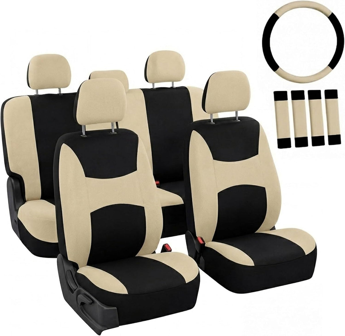 Automotive Seat Covers Beige Black Universal Fit Seat Cover Combo Set with Steering Wheel Cover and Seat Belt Pad (Airbag Compatible and Split Bench)