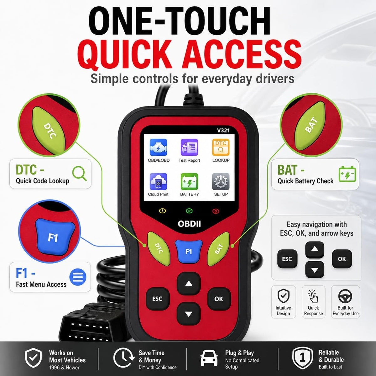 V321 OBD2 Scanner Diagnostic Tool - Erase Engine Light Code Scanner Tool with Reset, 30000+ DTC, Data Printed, Data Stream, I/M Readiness, Car & Truck Scan Tool for All Vehicles Since 1996