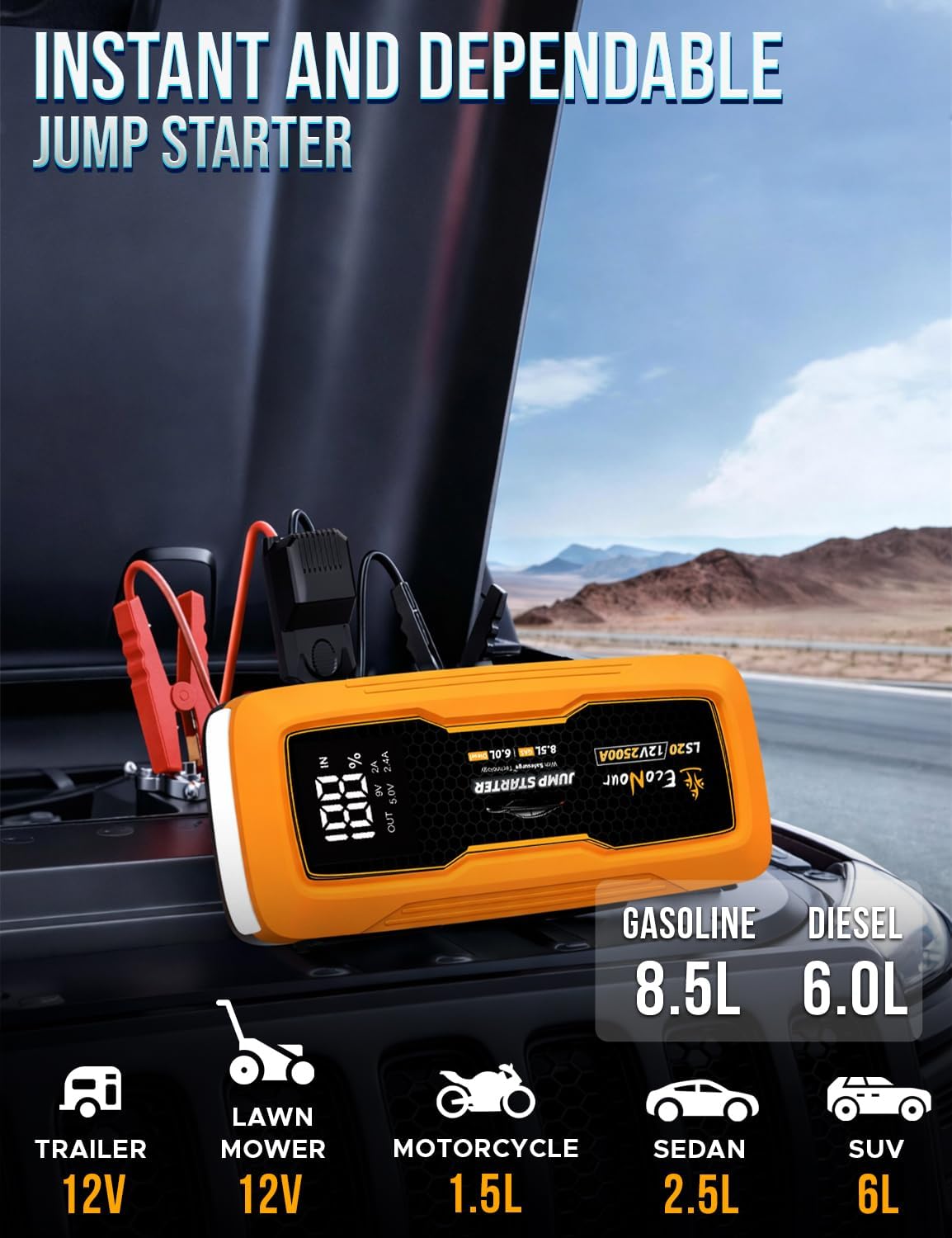 EcoNour 2500A Portable Car Jump Starter 12V Battery Booster Pack Up to 8.5L Gas & 6L Diesel Engines – Jump Box with Jumper Cables, USB Charger, LCD Display, LED Flashlight – for Cars, SUVs, Trucks