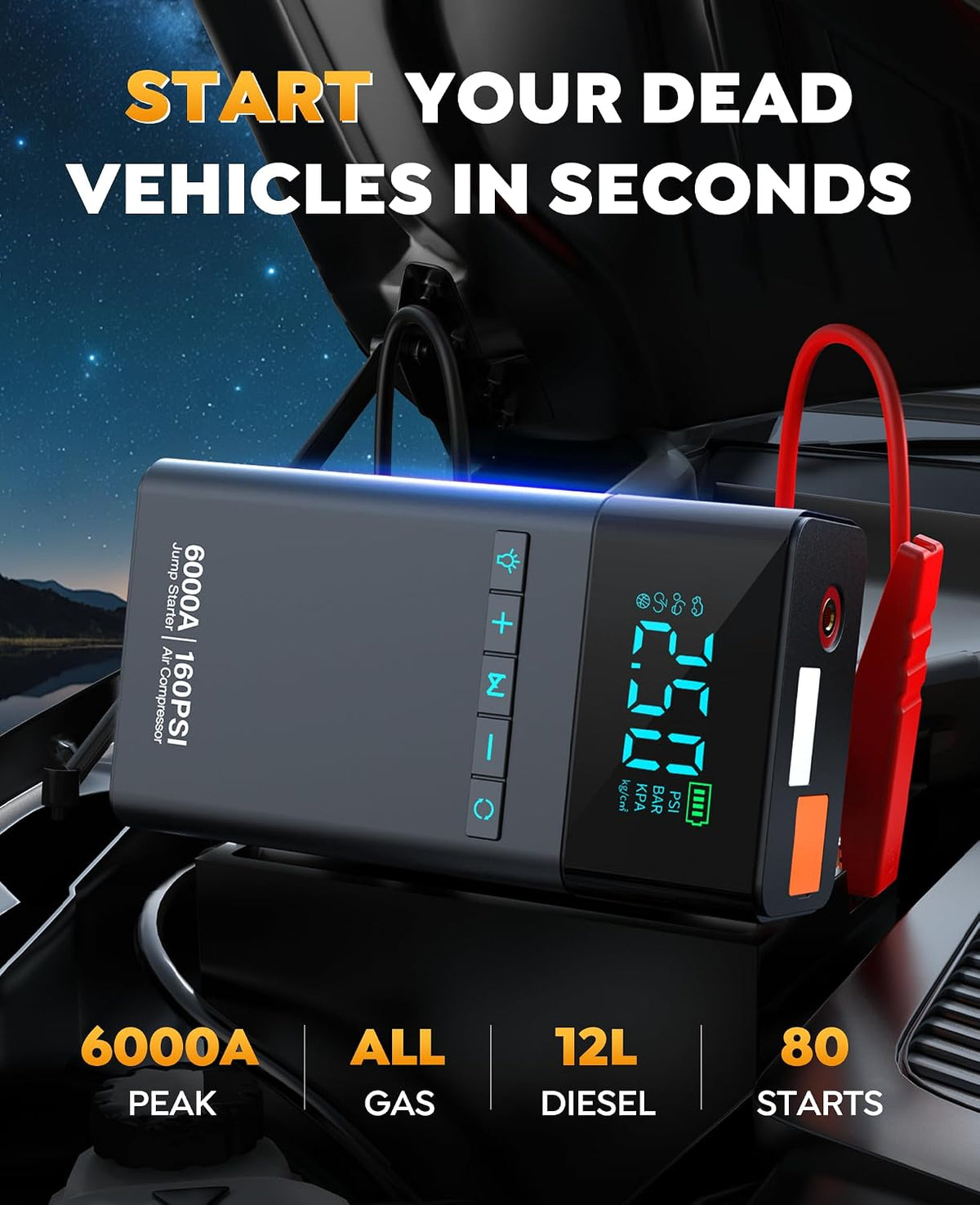 6000A 10-in-1 Car Battery Jump Starter with Air Compressor 160PSI