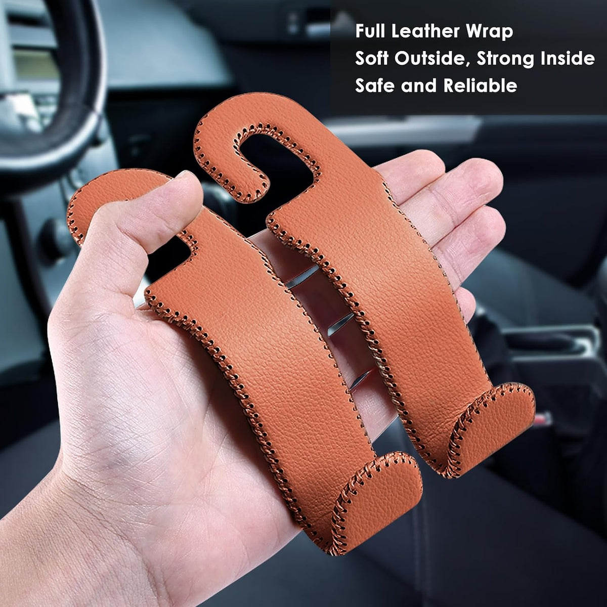 AMVOYOA Leather Hooks for Headrest - Fully Leather-Wrapped U-Shaped Purse Holder for Car, Flexible Seat Back Organizer & Durable Car Accessories for Purses, Bags, Coats & More (Brown, 2 Pack)
