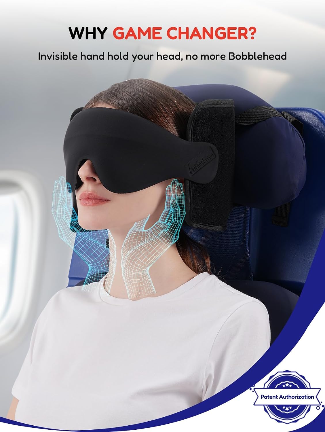 Travel Pillow for Airplanes Head Strap Support, 3D Eye Mask | 360 Airplane Sleep Support Headrest Pillow No Bobbing Head Sleeping Aid Travel Essentials for Long Flights/Car/Trip Blue