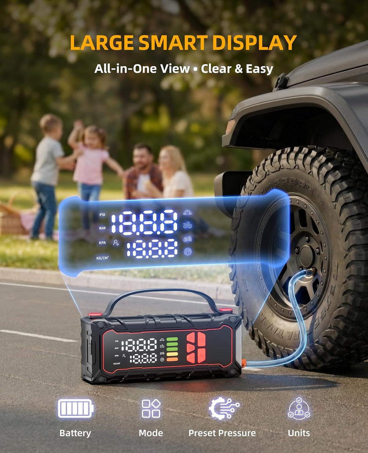 5000A Car Battery Jump Starter with Portable Tire Inflator 160PSI, Car Battery Charger 7.0L Gas/6.0L Diesel, Jump Box Power Bank& Jumper Cables for Car