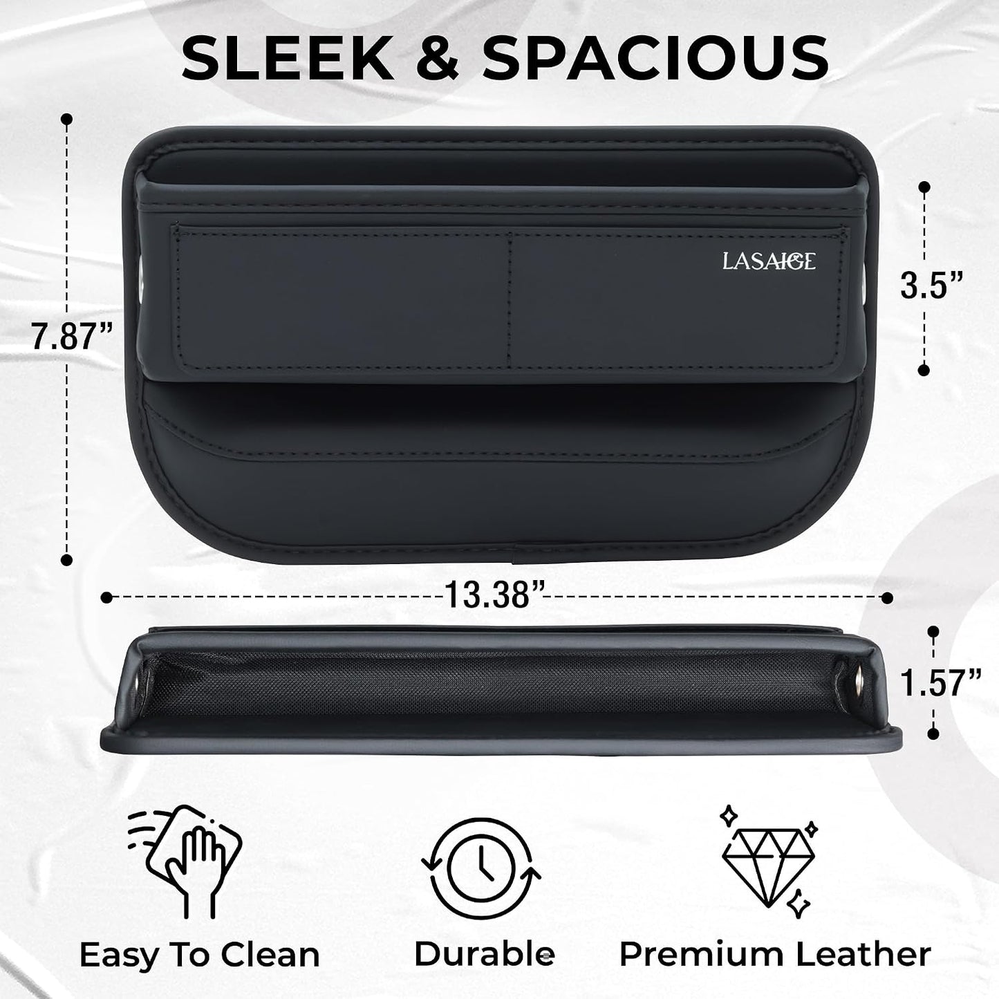 Car Seat Gap Filler Organizer (Black) -Soft PU Leather Car Seat Gap Filler Organizer - Gap Filler For Car w/ Pockets & Large Compartment - Slip-Resistant Between Seat and Center Console